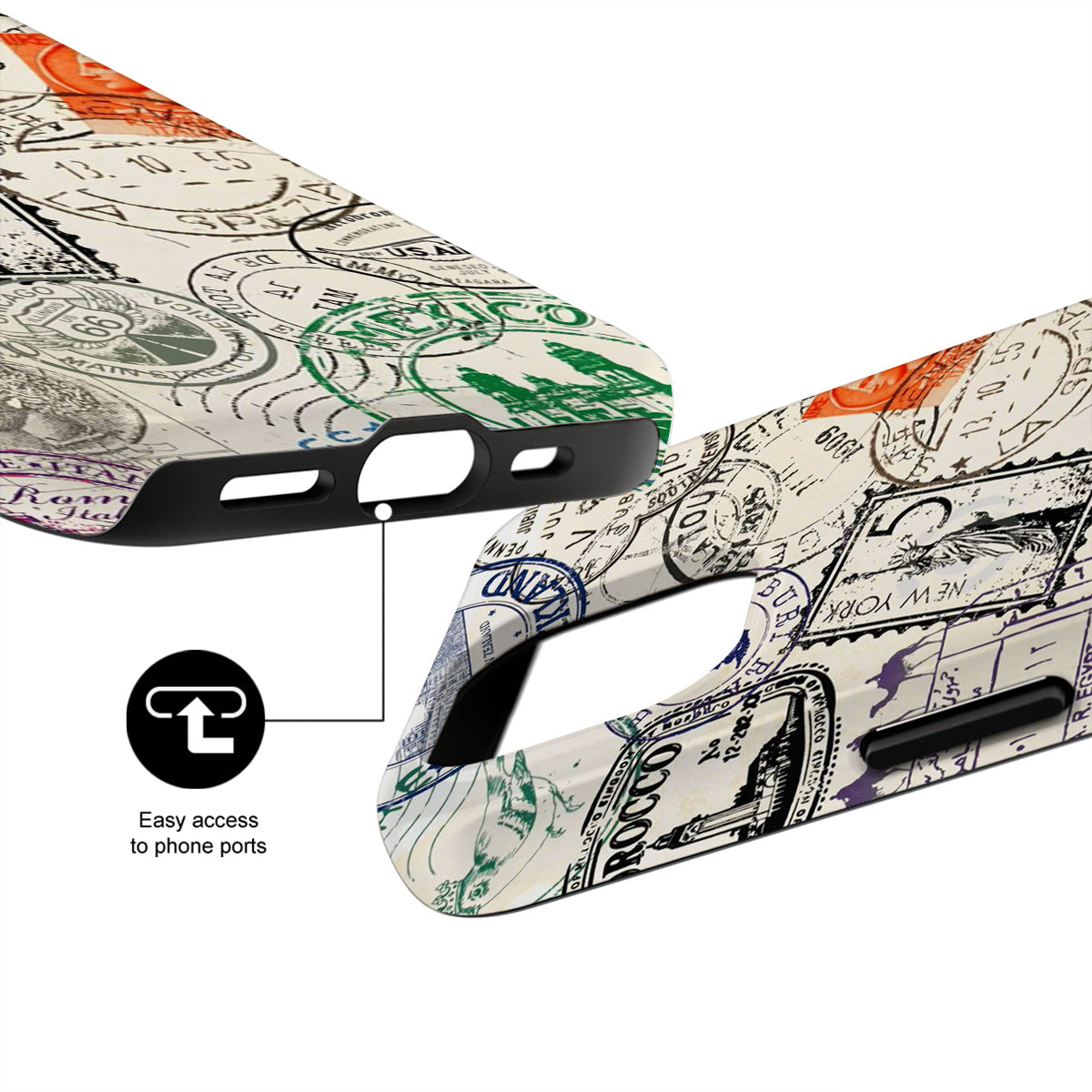 Phone case with vintage map design and easy access to phone ports feature