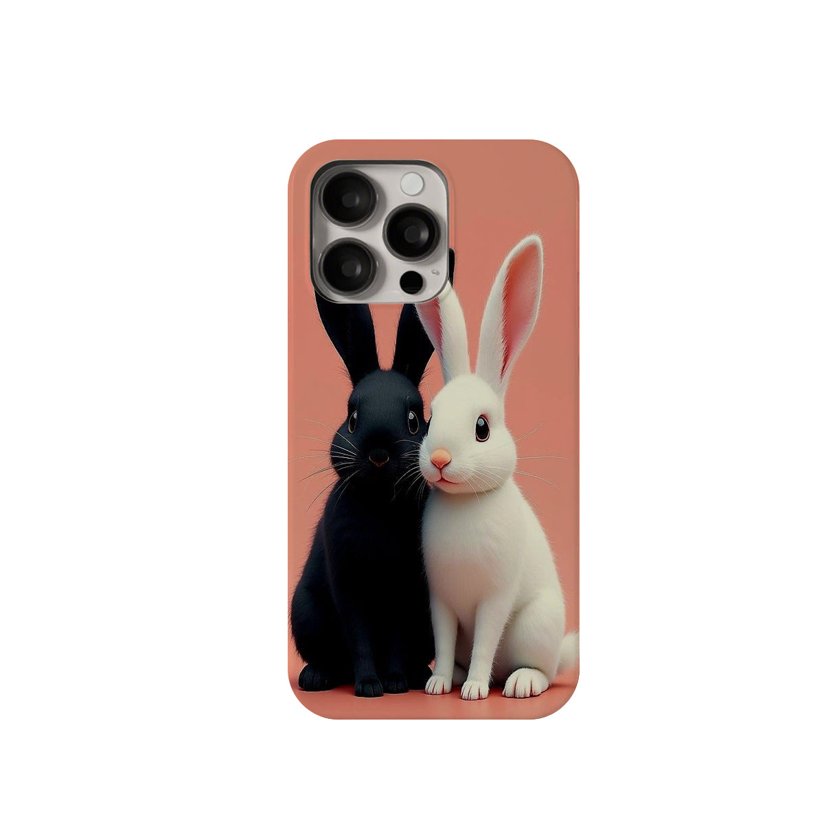 Phone case with black and white rabbits on a pink background