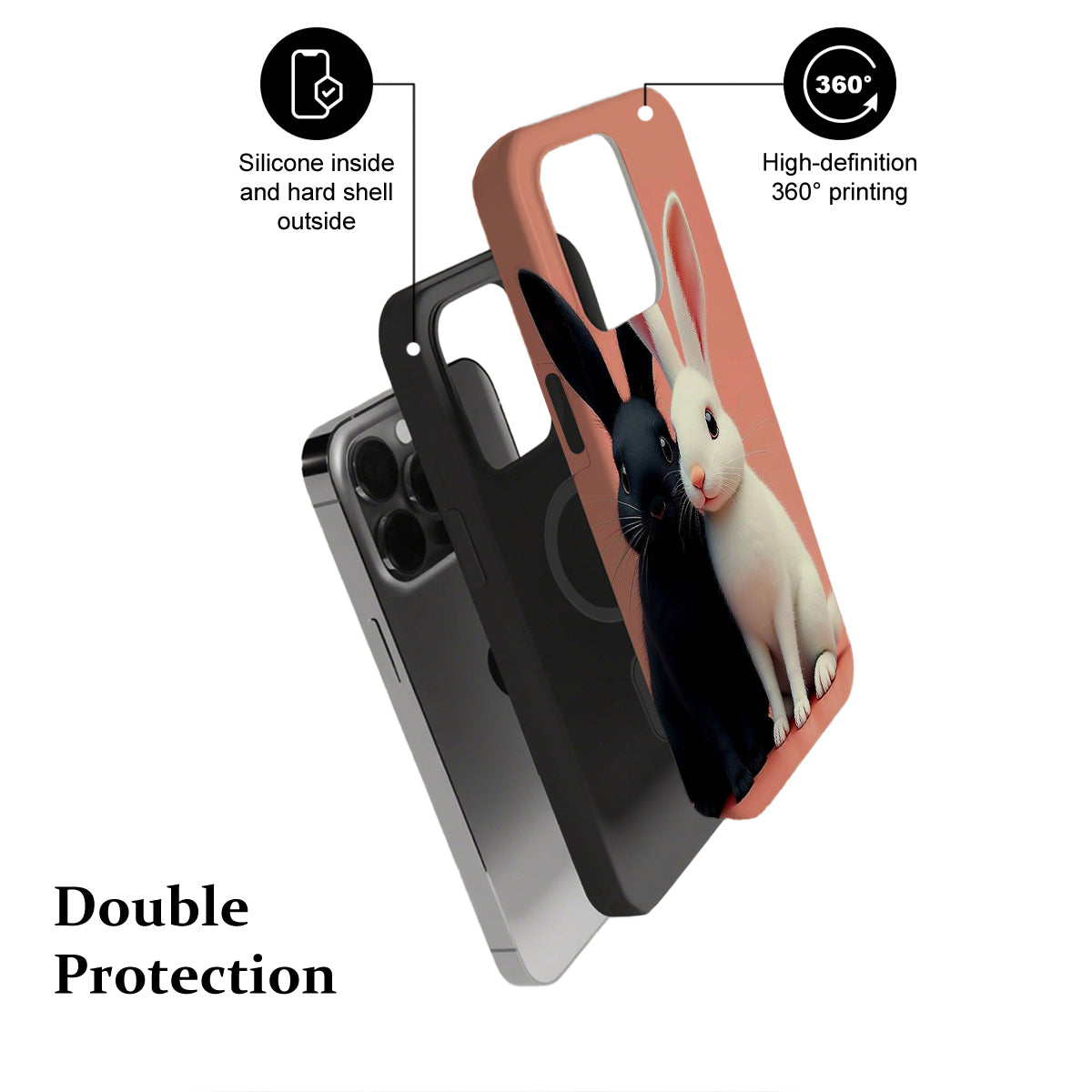 Phone case with rabbit design, highlighting features on a white background