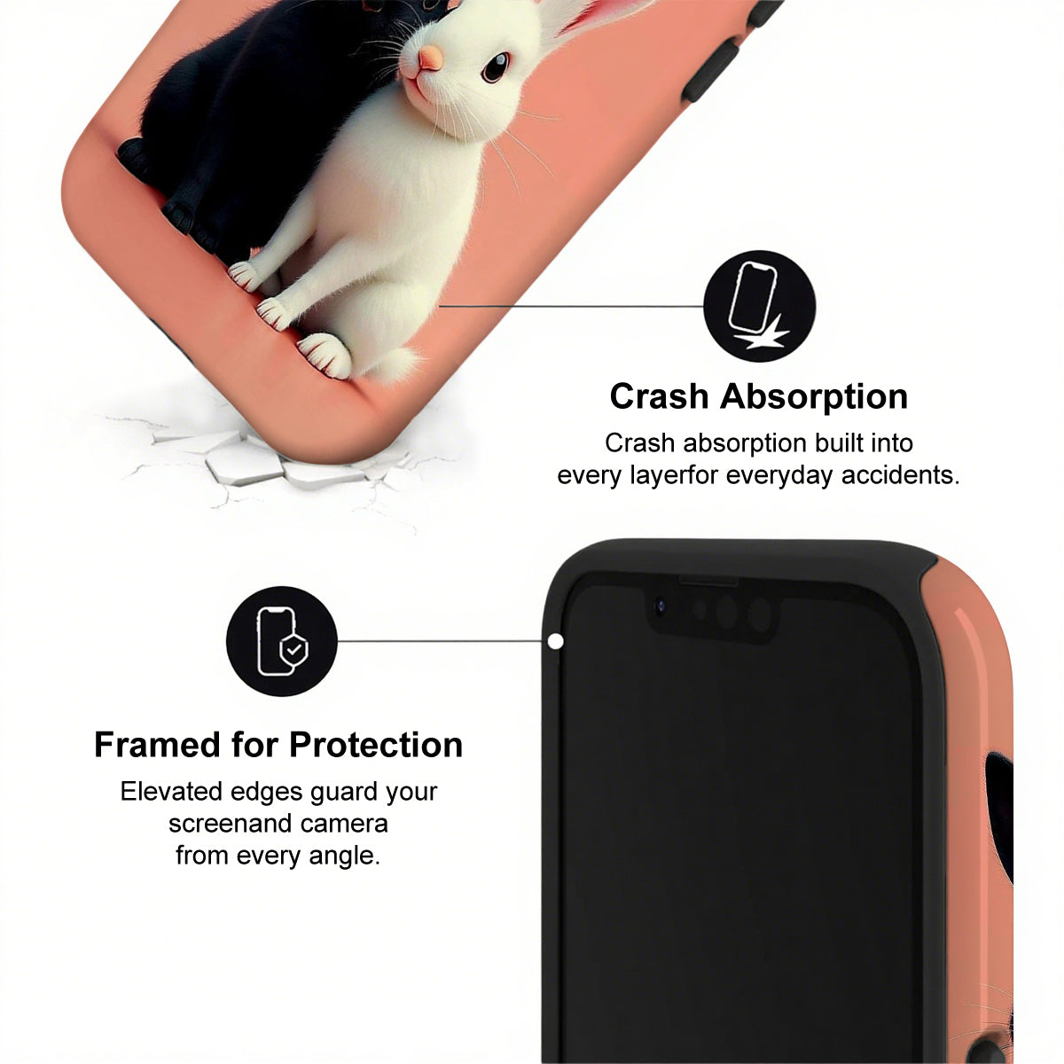 Phone case with rabbit design and crash absorption features on a white background