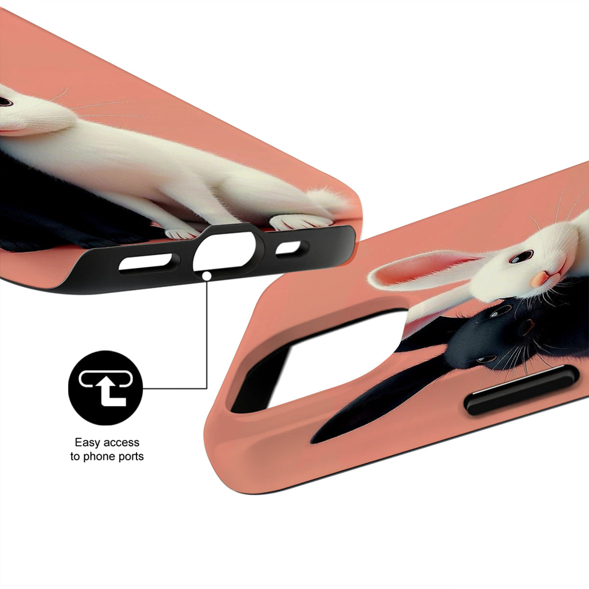 Phone case with a rabbit design and text indicating easy access to phone ports on a white background