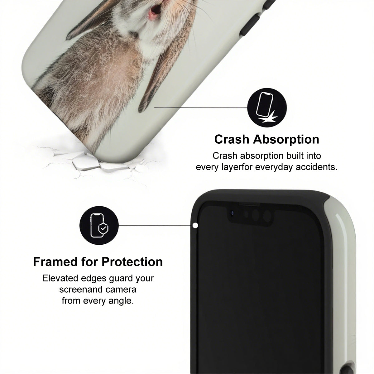 Phone case with rabbit design and text on crash absorption and protection features.