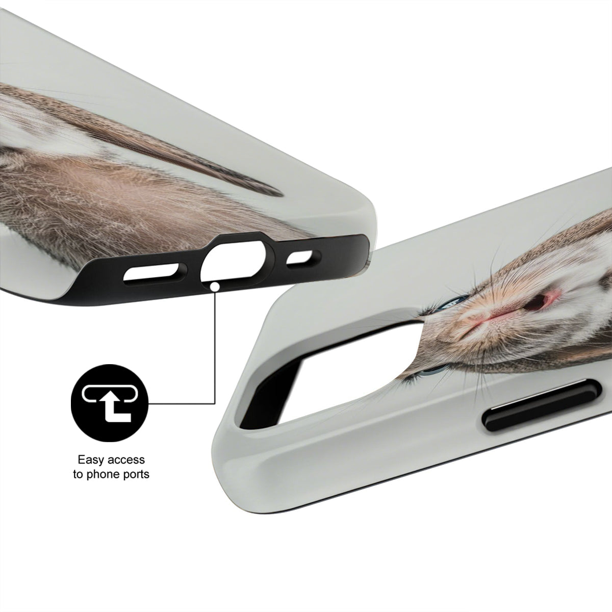 Phone case with a cat design and text indicating easy access to phone ports.