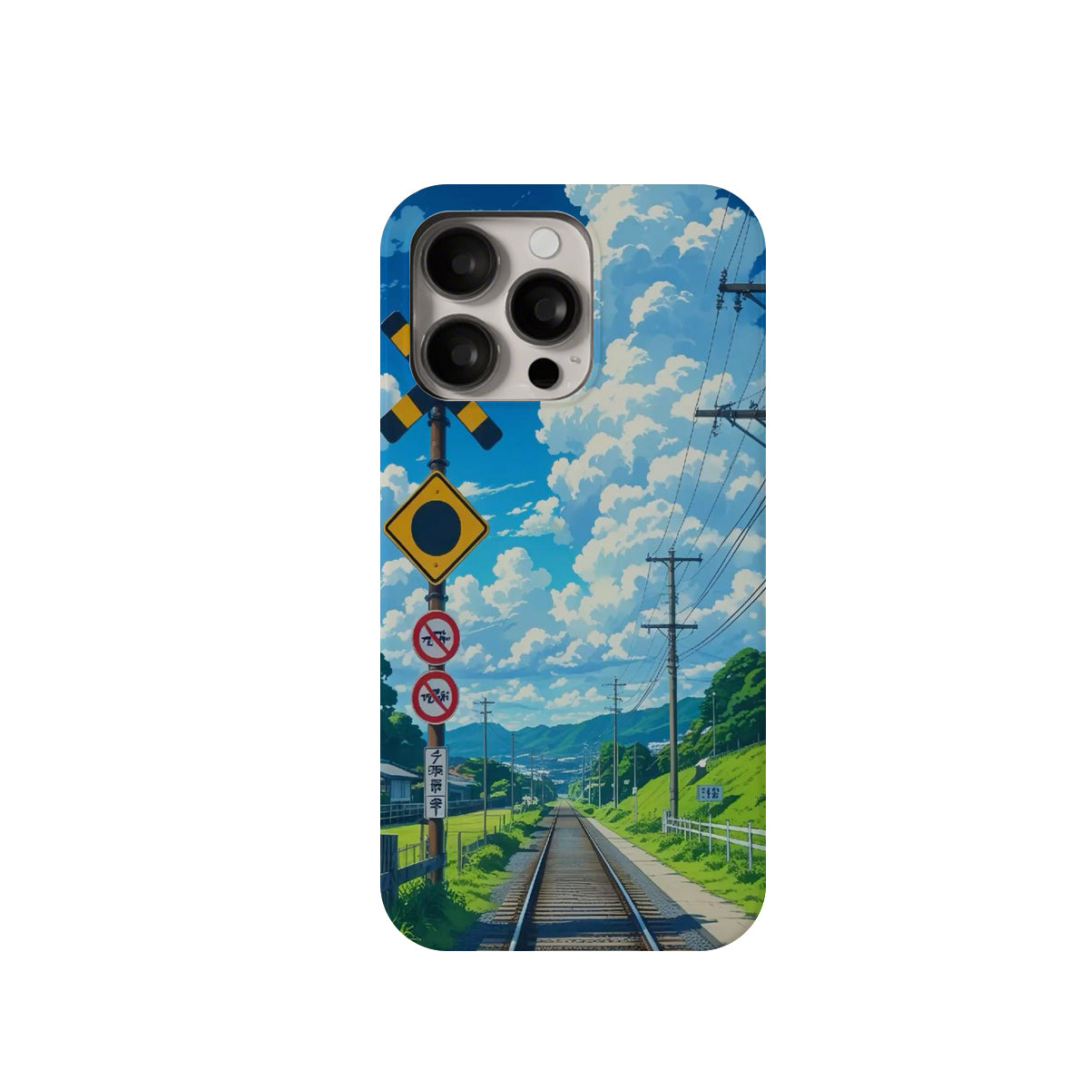 Phone case with a scenic design of a railway track and blue sky.