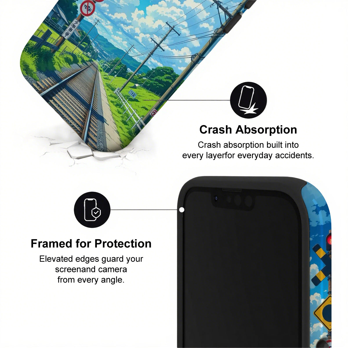 Phone case with scenic design and text highlighting crash absorption and protection features.