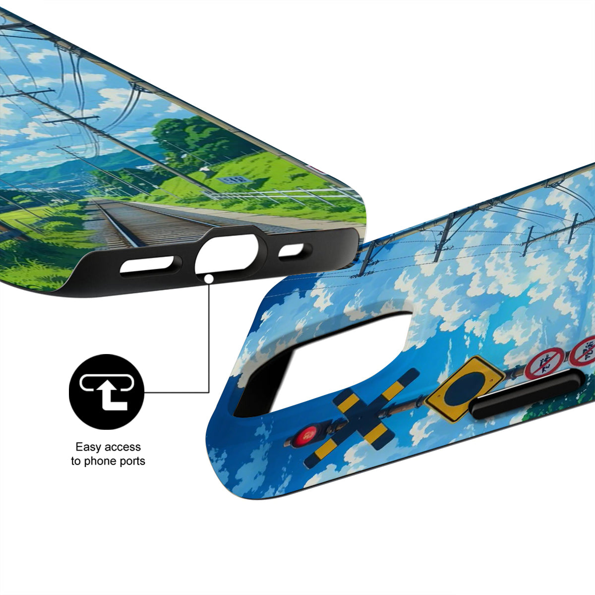 Phone case with scenic design and phone port access feature on a white background