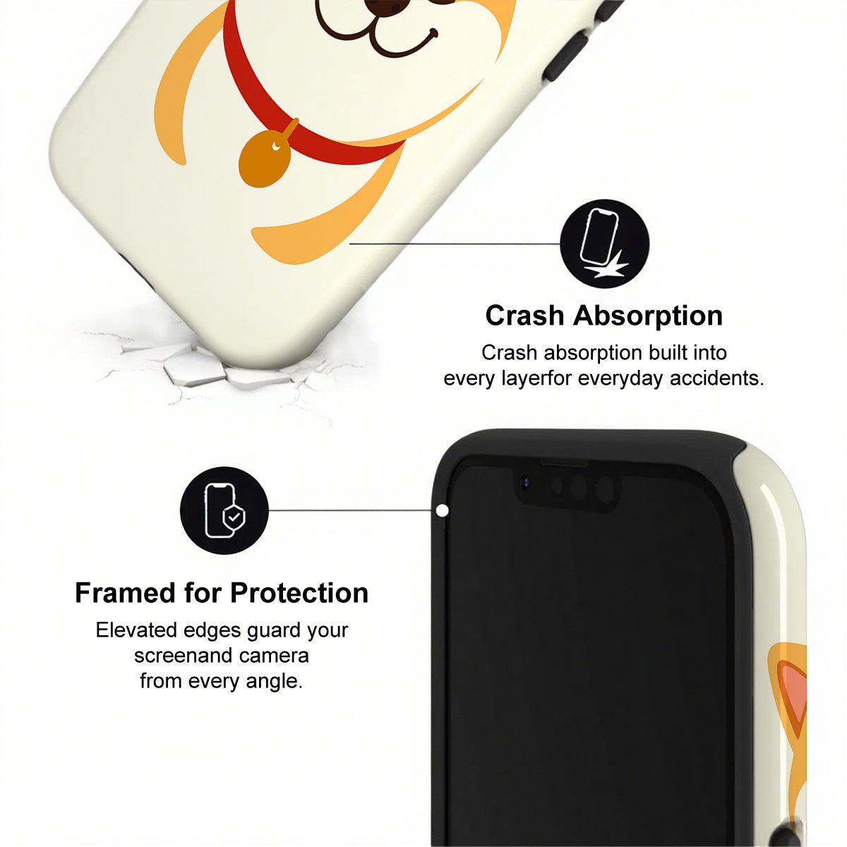 Phone case with cartoon dog design and text highlighting crash absorption and protection features.