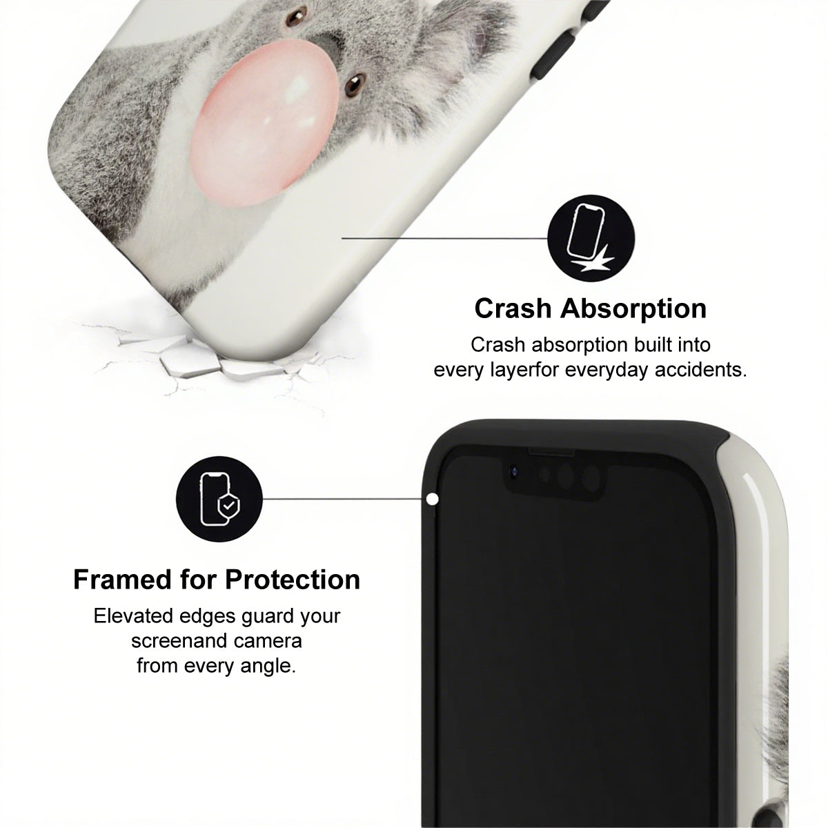 Phone case with a koala design and text highlighting crash absorption and protection features.
