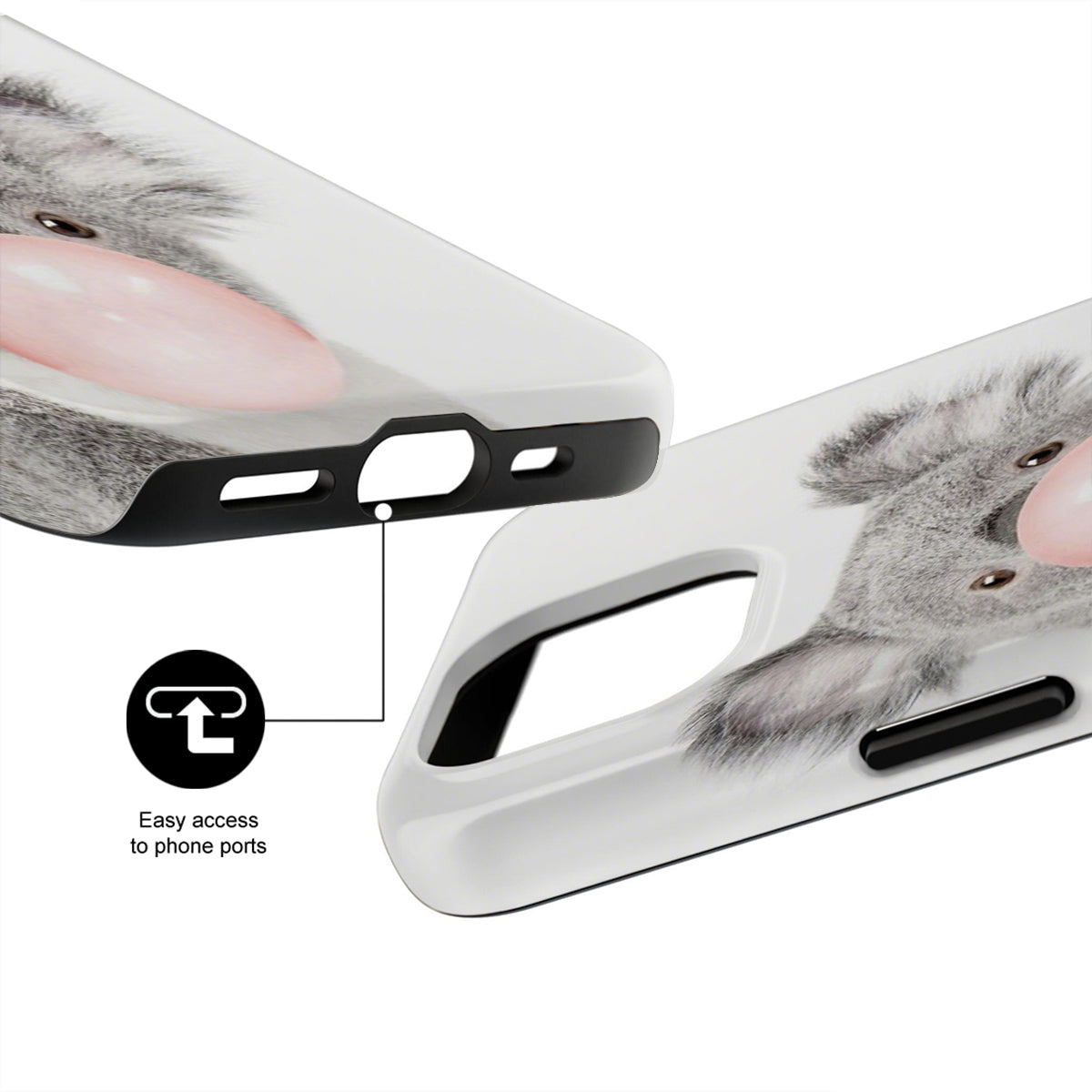 Phone case with a design of a koala, showing ease of access to phone ports.
