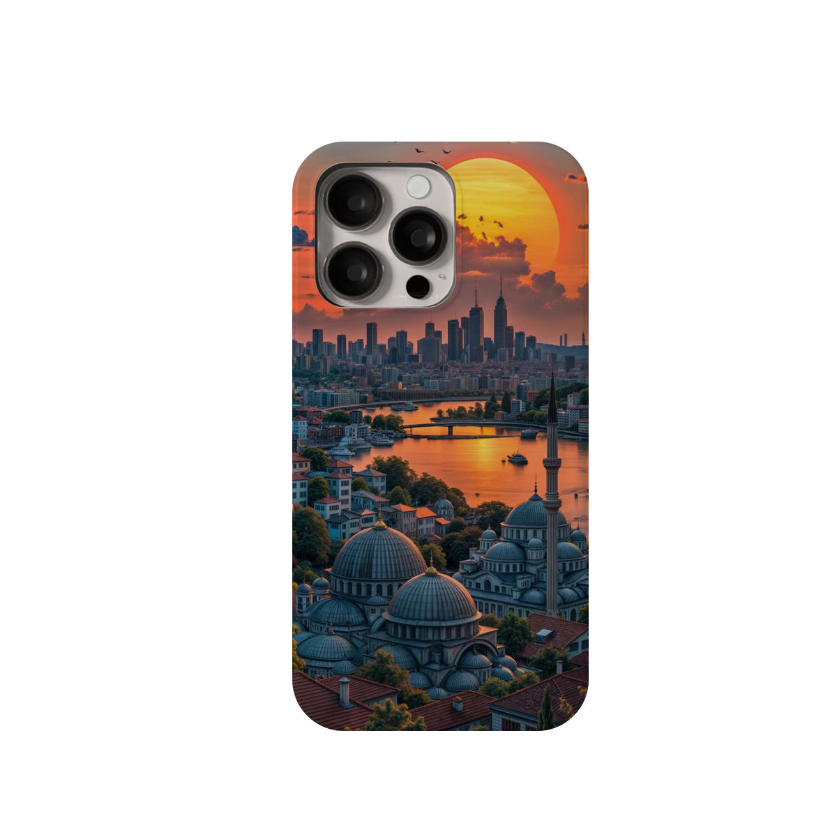 Phone case with a cityscape design featuring domes and a sunset.