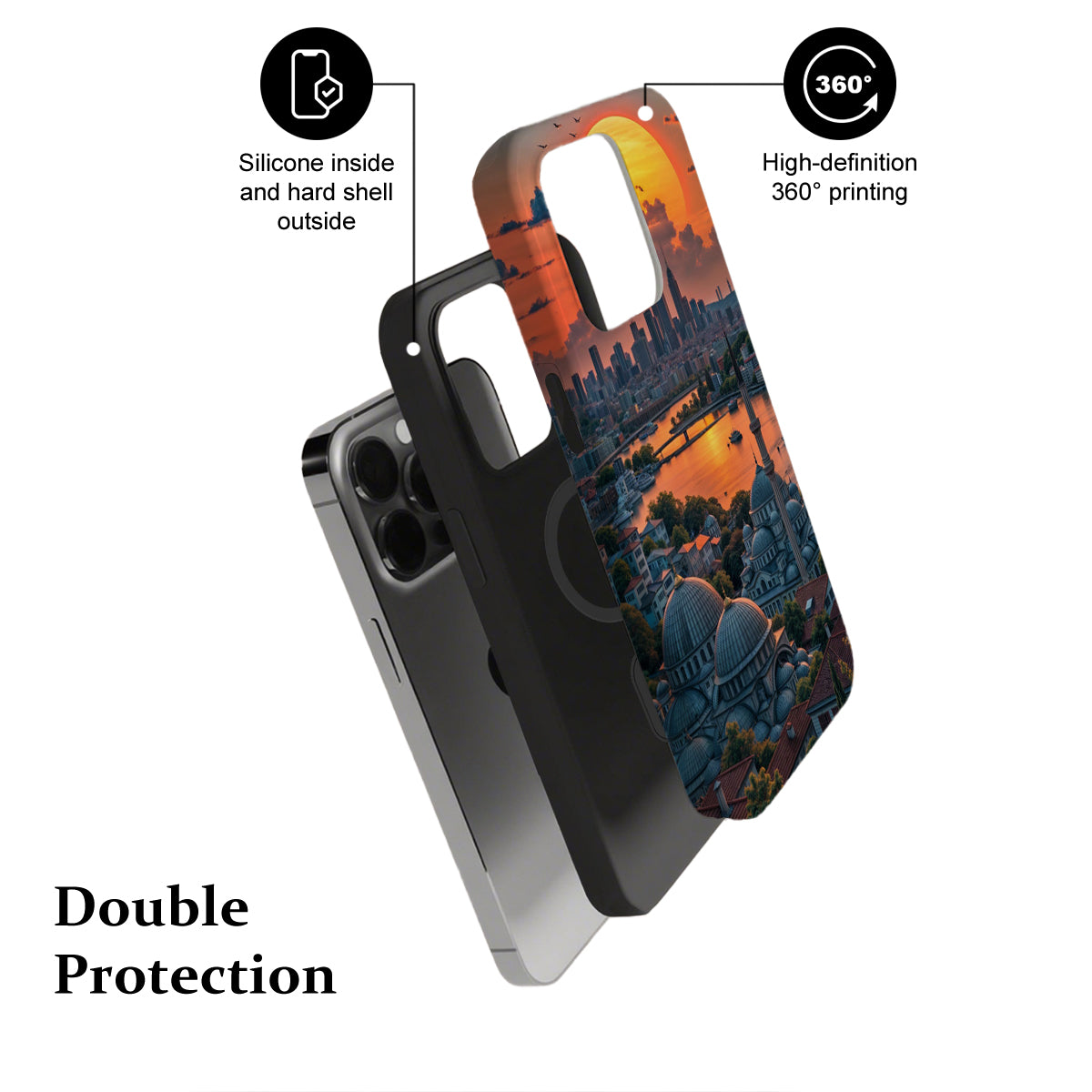 Phone case with sunset design and text highlighting features on a white background