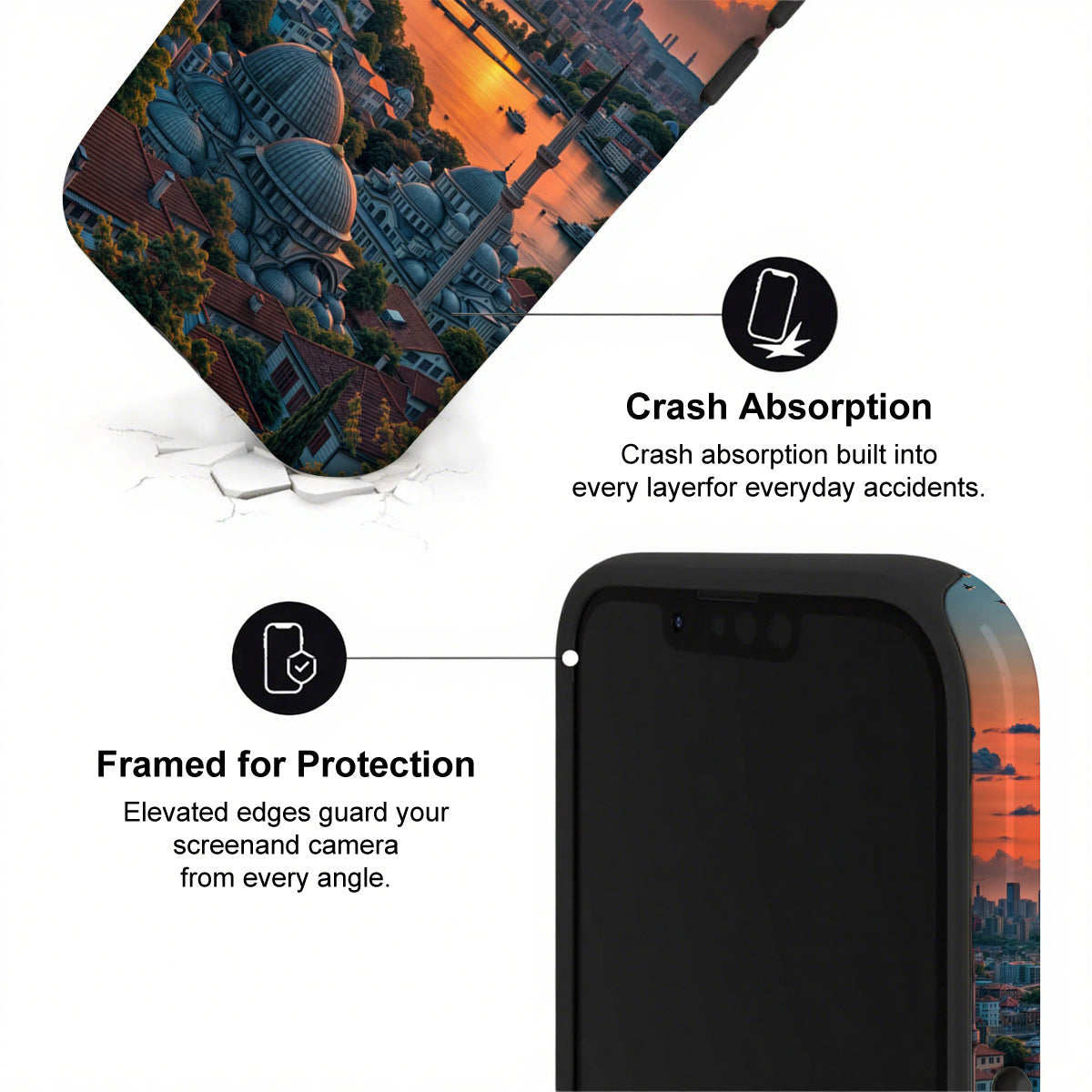 Phone case with crash absorption and framed protection features, cityscape background.