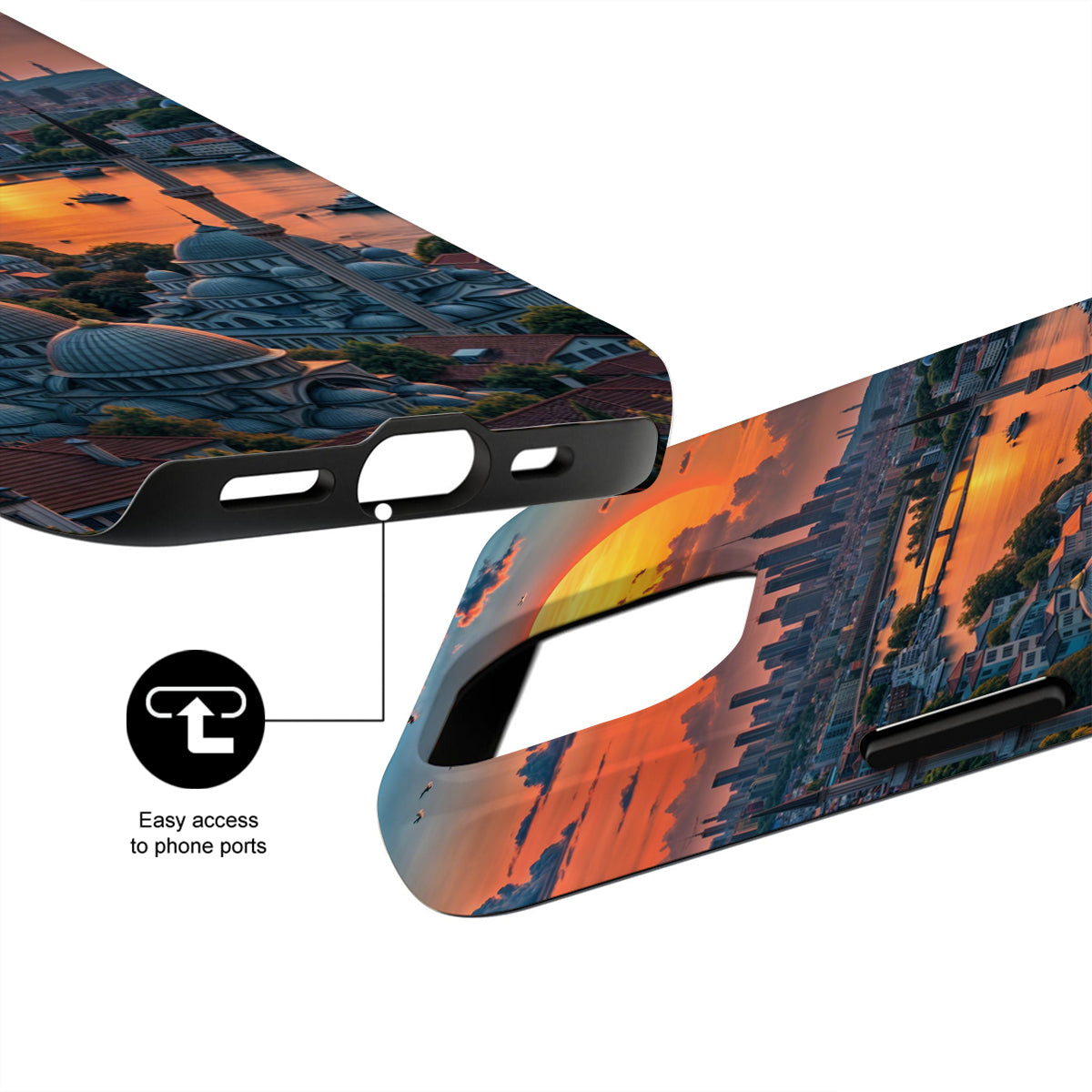 Phone case with cityscape design and text 'Easy access to phone ports'.