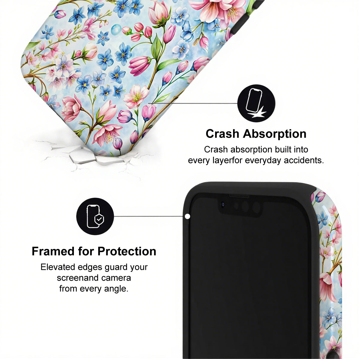 Phone case with floral design and text highlighting crash absorption and protection features.