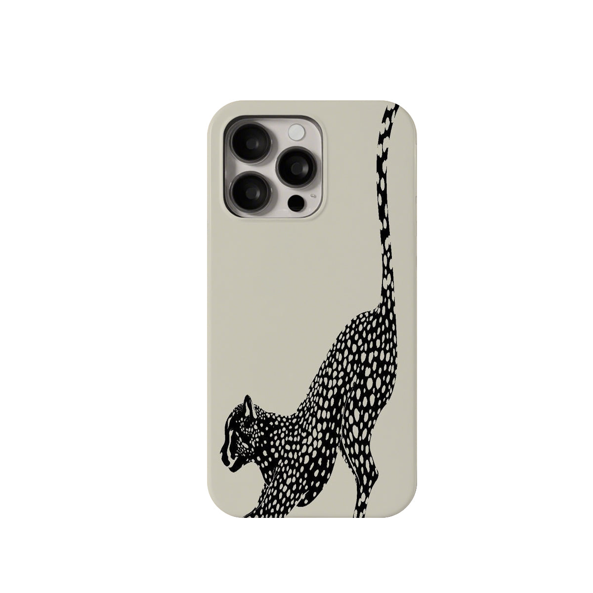 Phone case with a black and white leopard design on a beige background