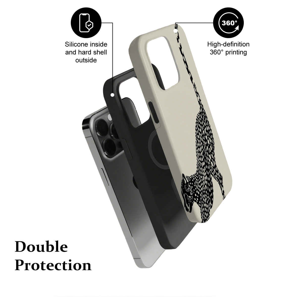 Phone case with text indicating 'Silicone inside and hard shell outside' and 'High-definition 360° printing'.