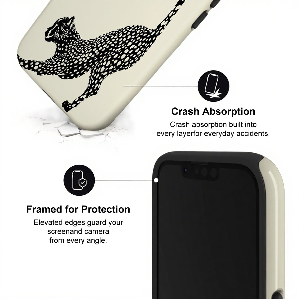 Phone case with a cheetah design and text highlighting crash absorption and protection features.