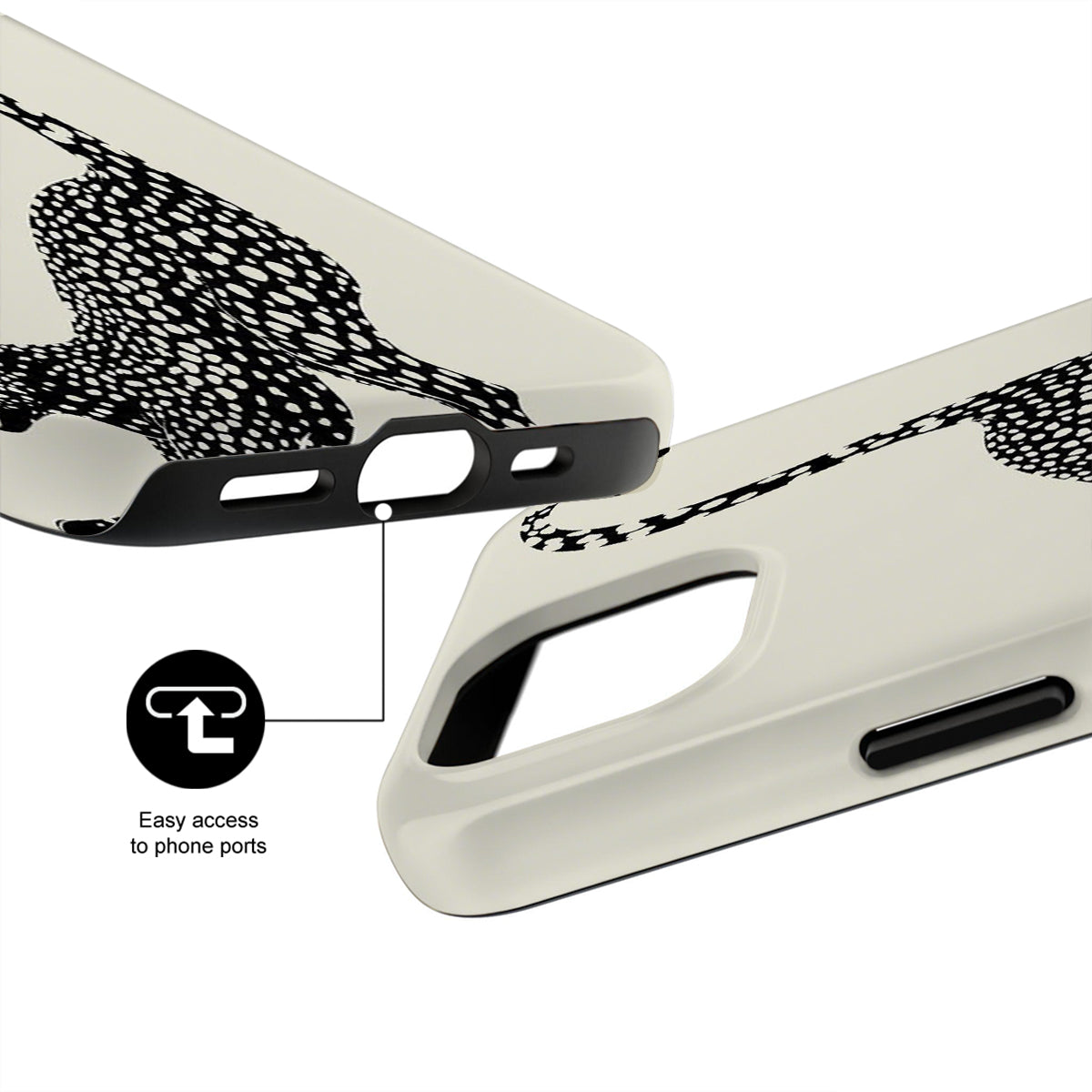 Phone case with design and text indicating easy access to phone ports on a white background