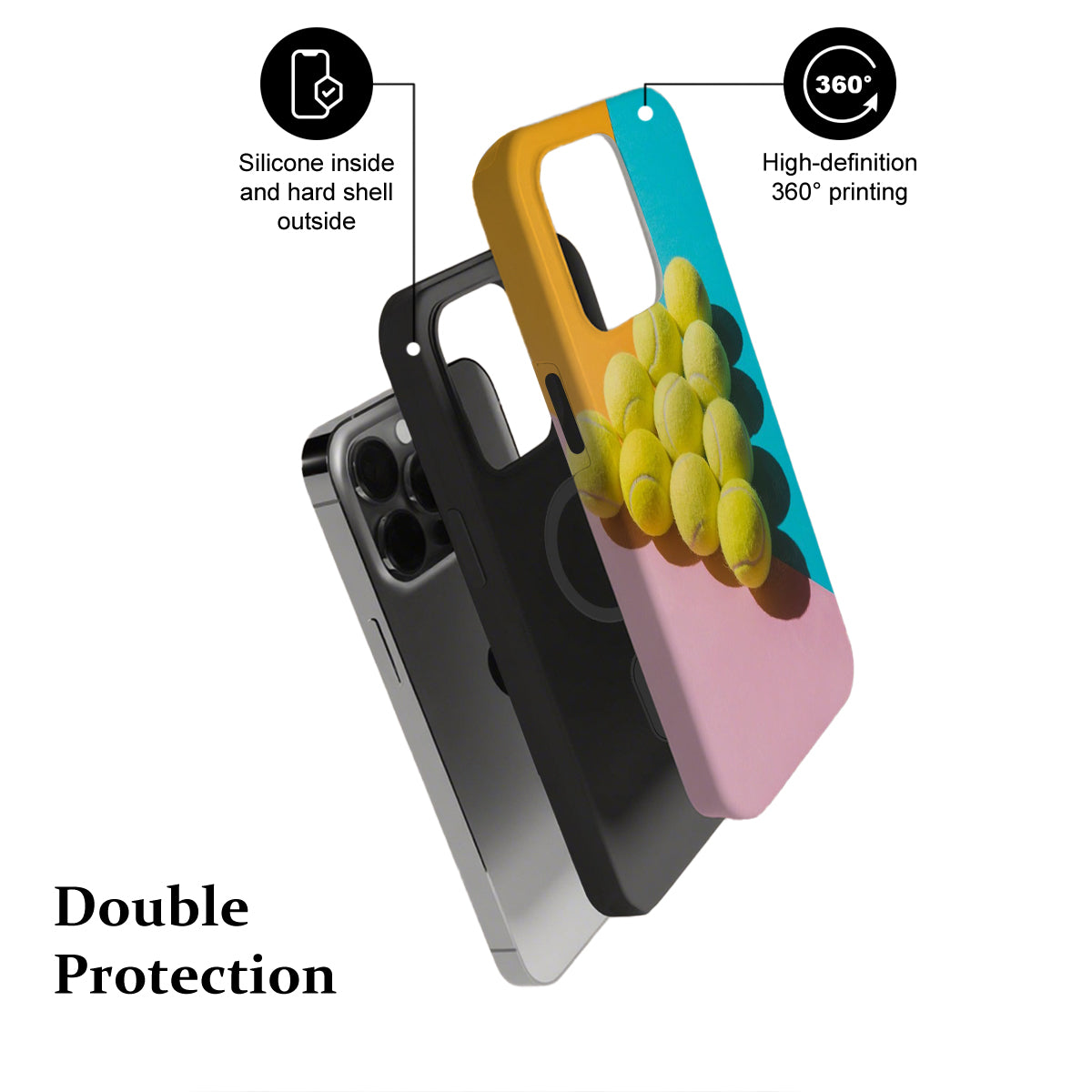 Phone case with colorful design and text highlighting features on a white background