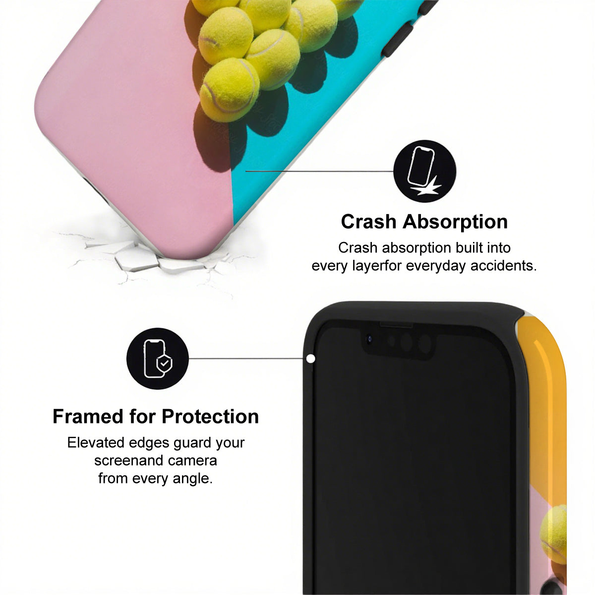 Phone case with crash absorption and framed protection features on a white background