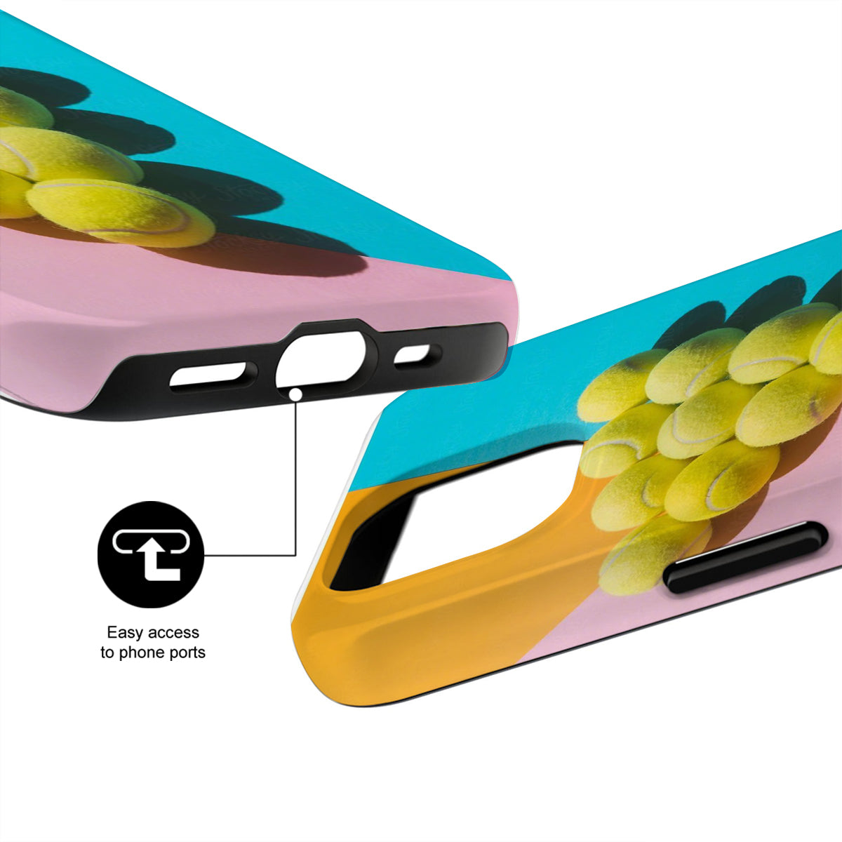 Phone case with tennis ball design and text 'Easy access to phone ports' on a white background