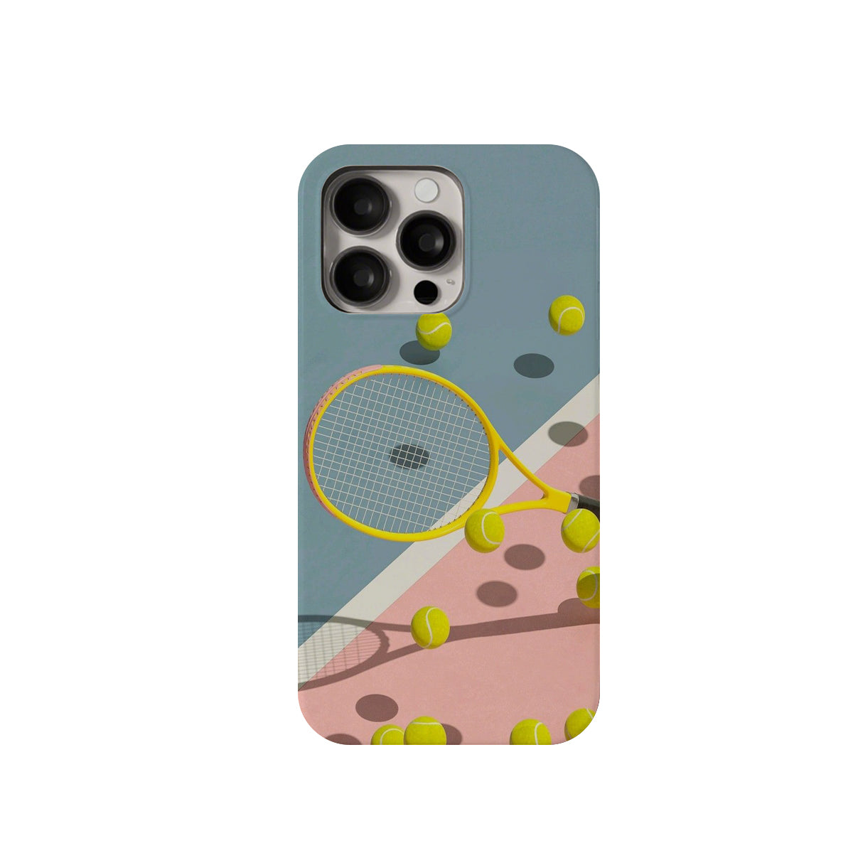 Phone case with tennis racket and balls design on a blue and pink background