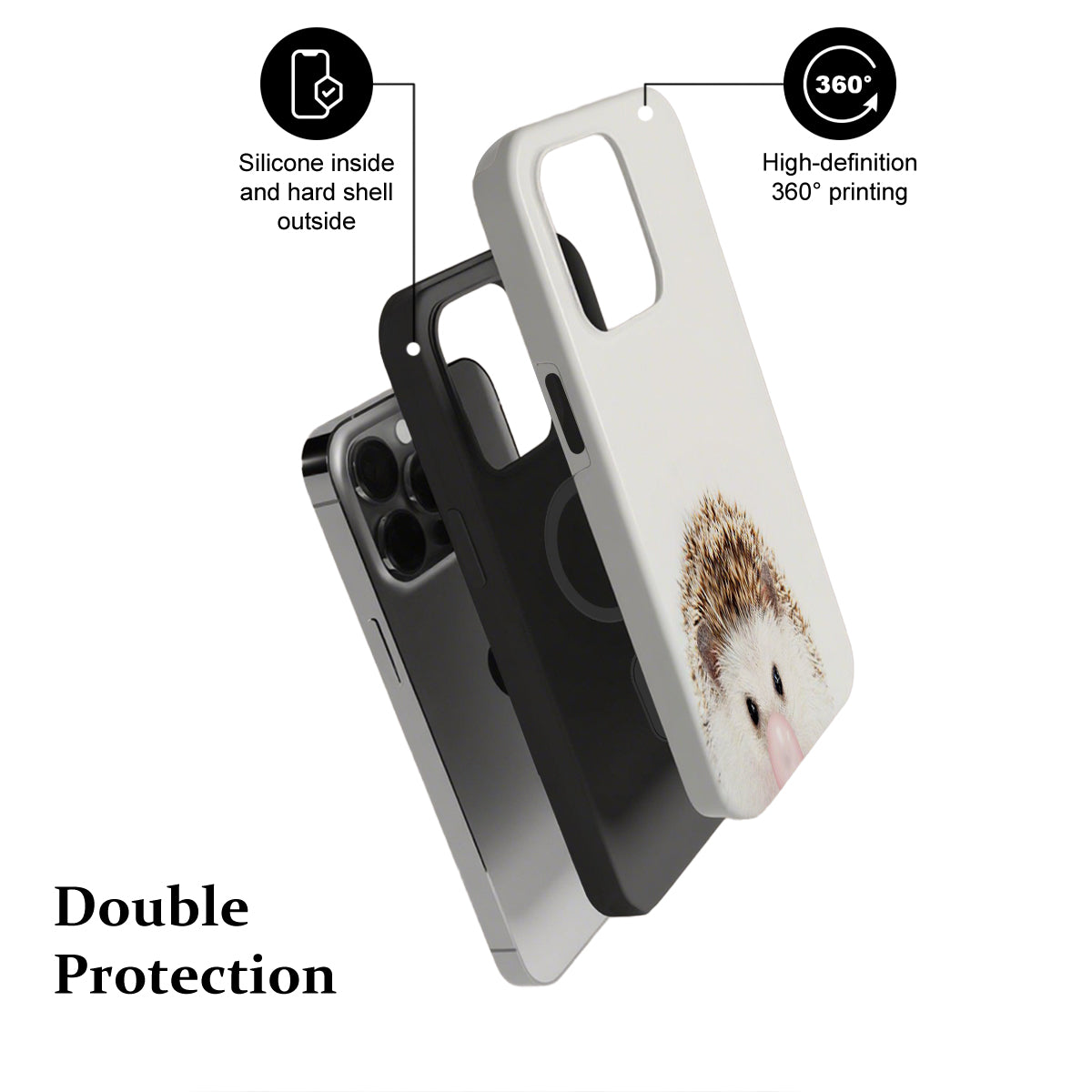 Phone case with hedgehog design, showing silicone and hard shell features on a white background.