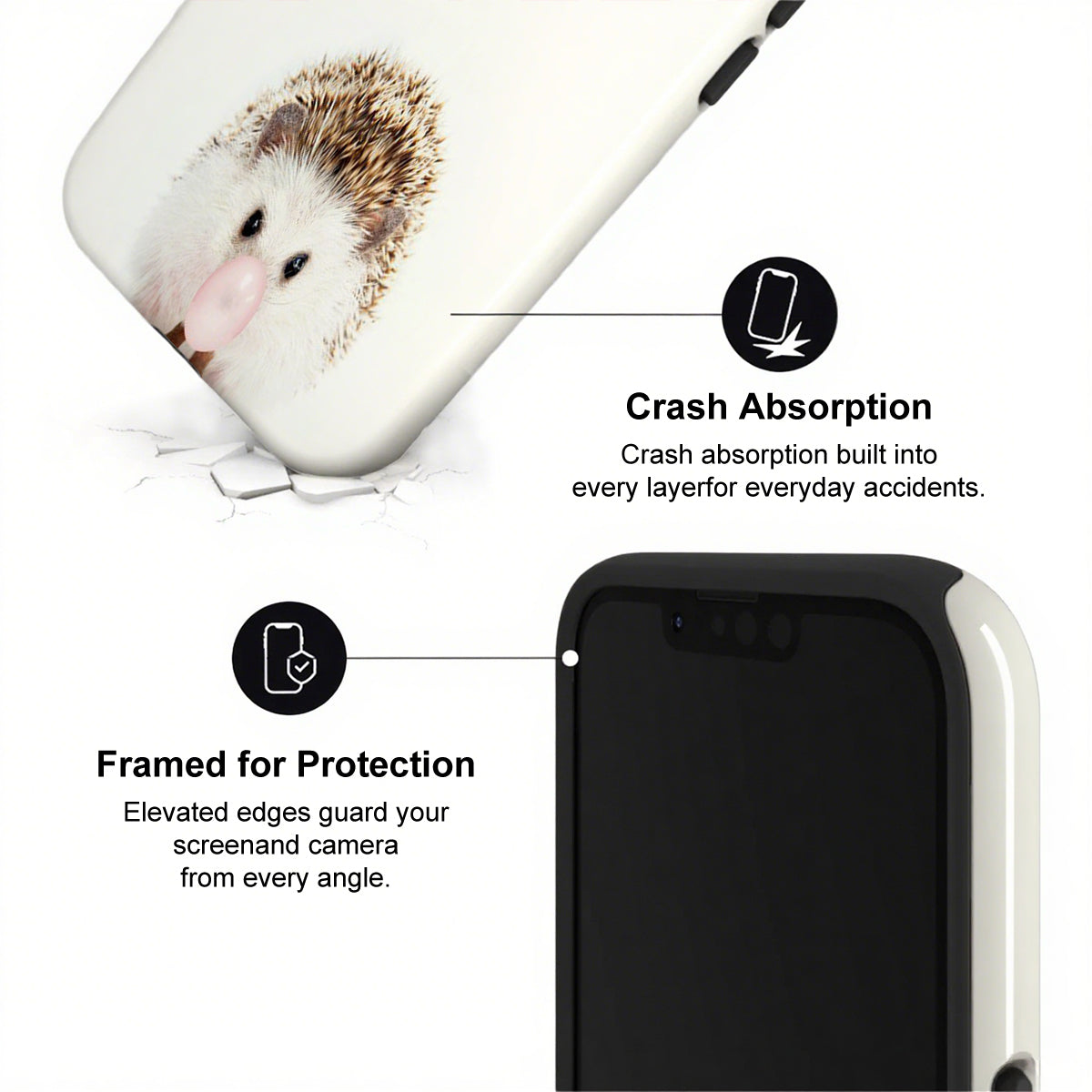Phone case with a hedgehog design and text highlighting crash absorption and protection features.