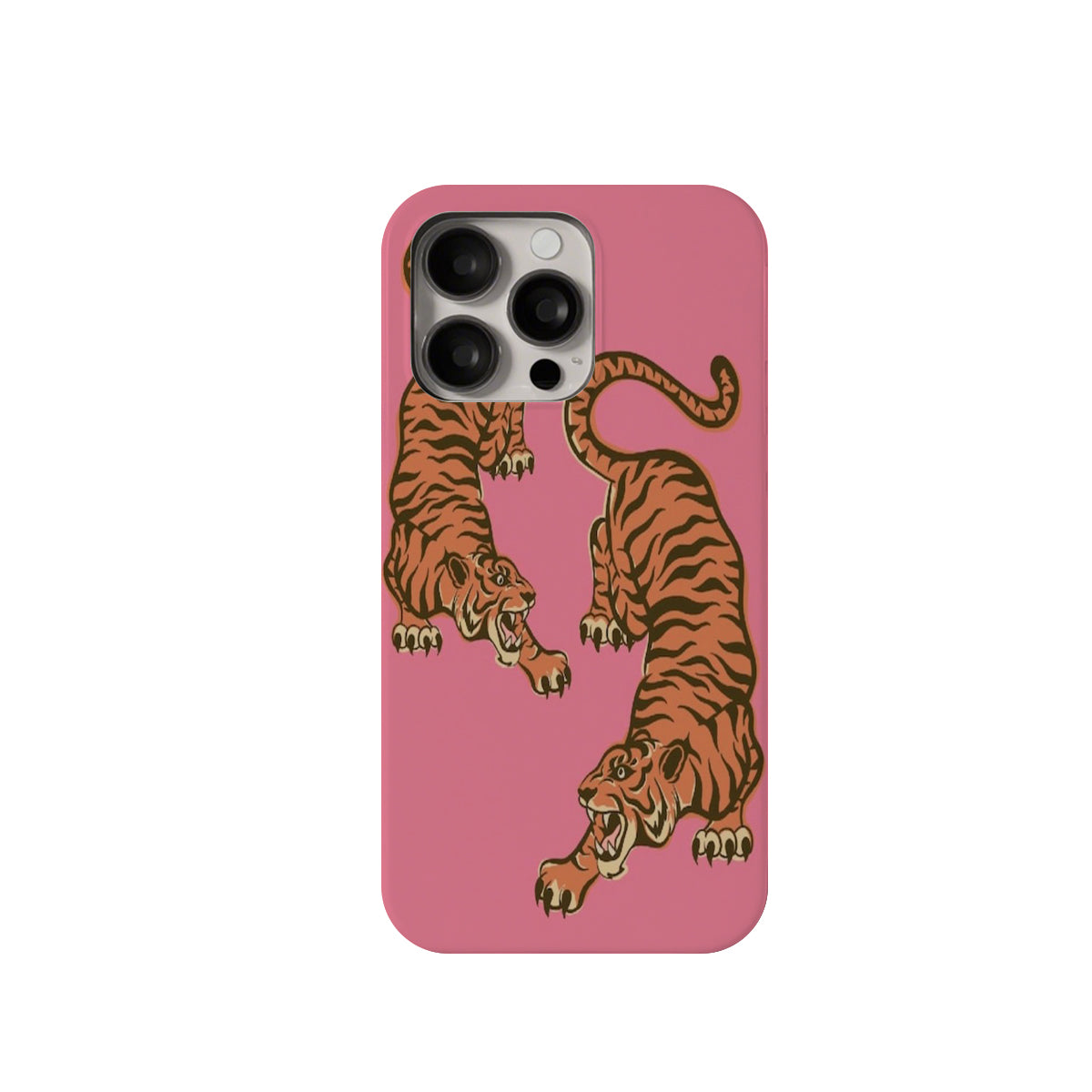 Phone case with two roaring tigers on a pink background