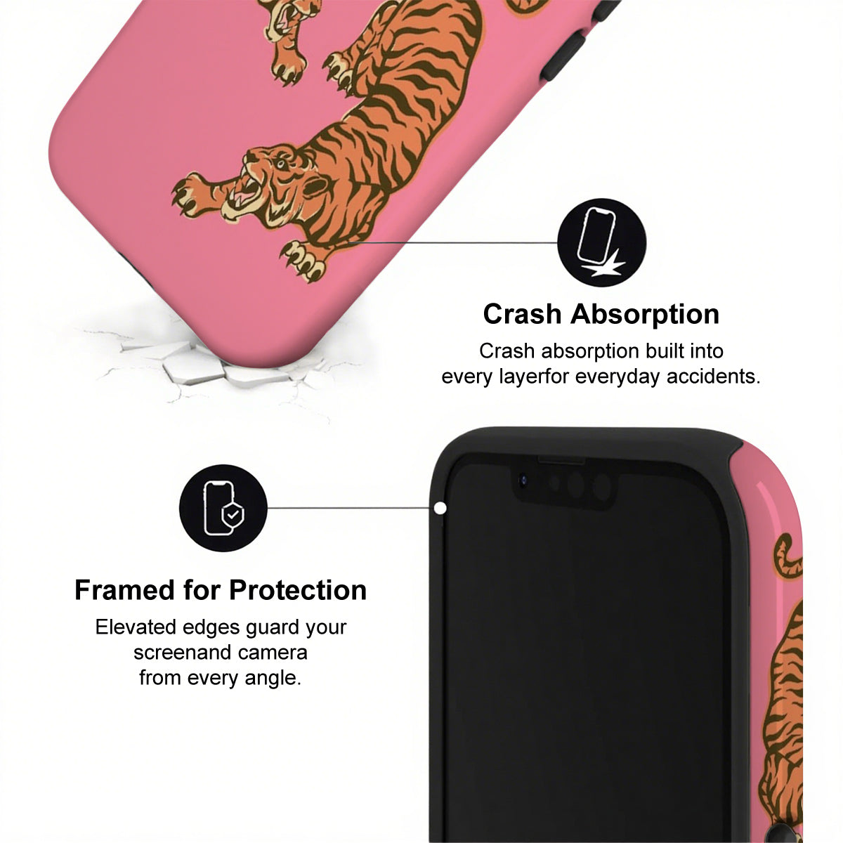 Phone case with tiger design and text on crash absorption and protection features.