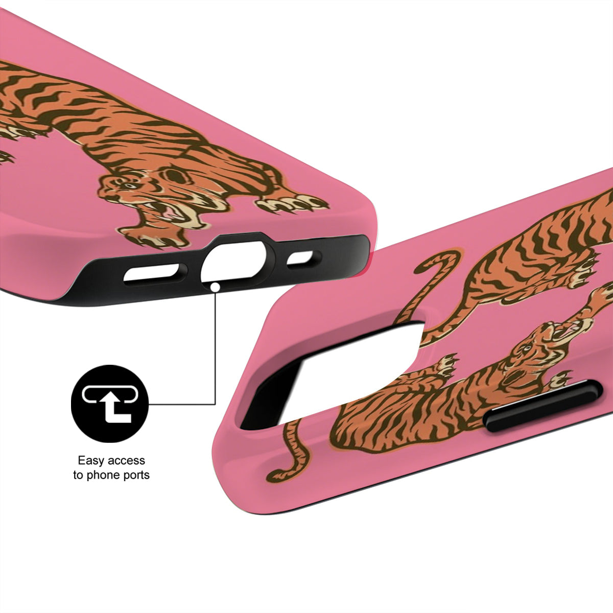 Pink phone case with tiger design and easy access to phone ports feature.