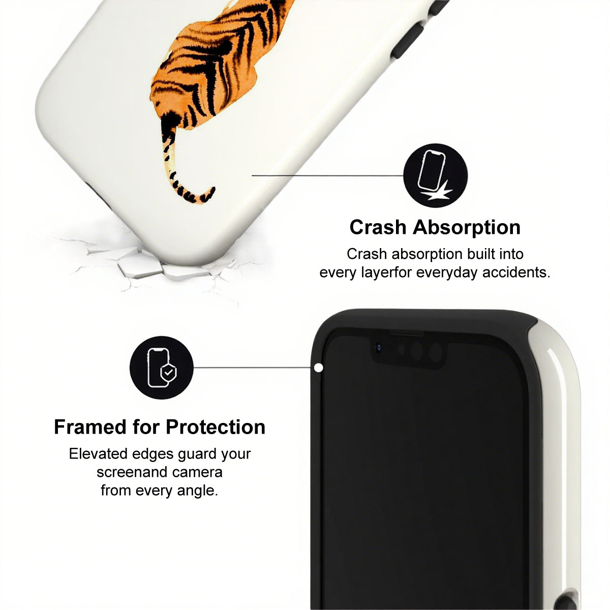 Phone case with tiger design and text highlighting crash absorption and protection features.