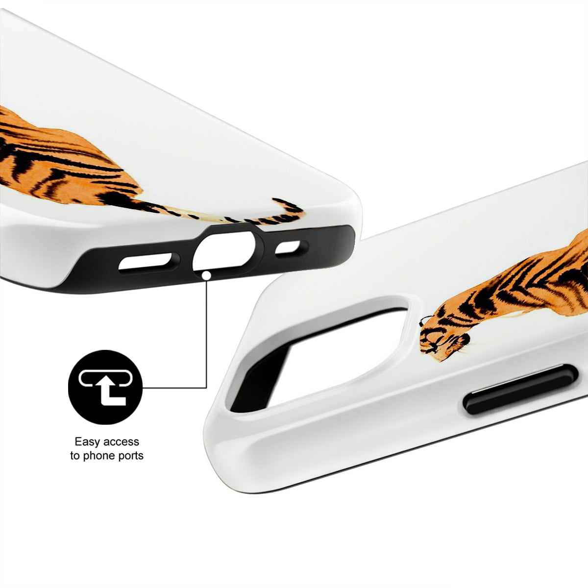 Phone case with tiger design and easy access to phone ports feature
