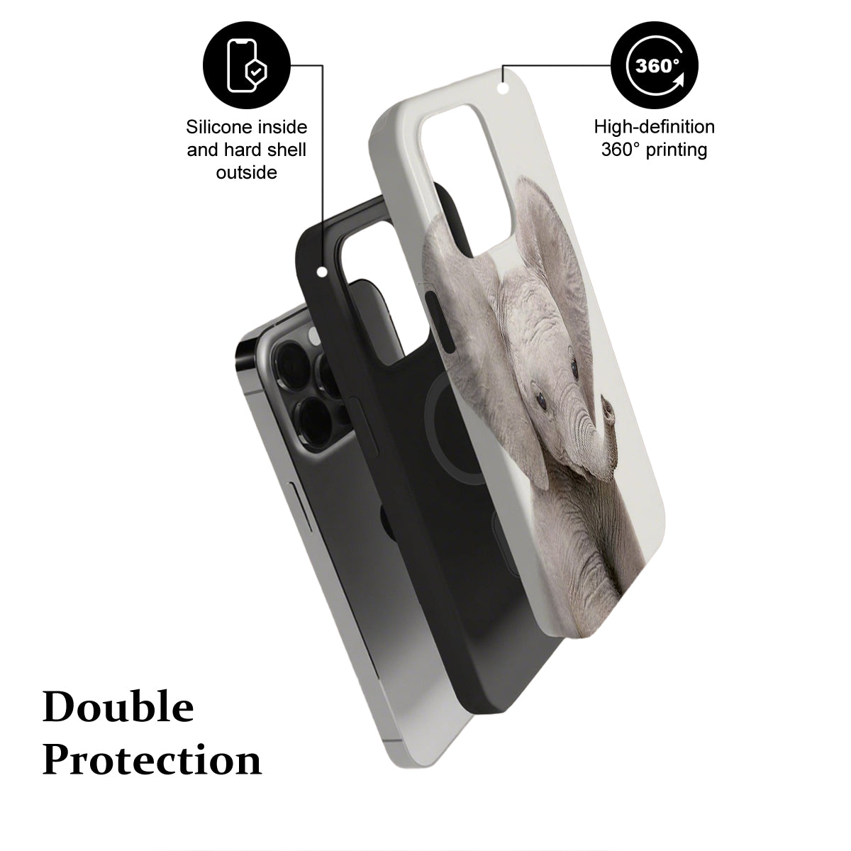 Phone case with 360-degree printing and double protection features on a white background