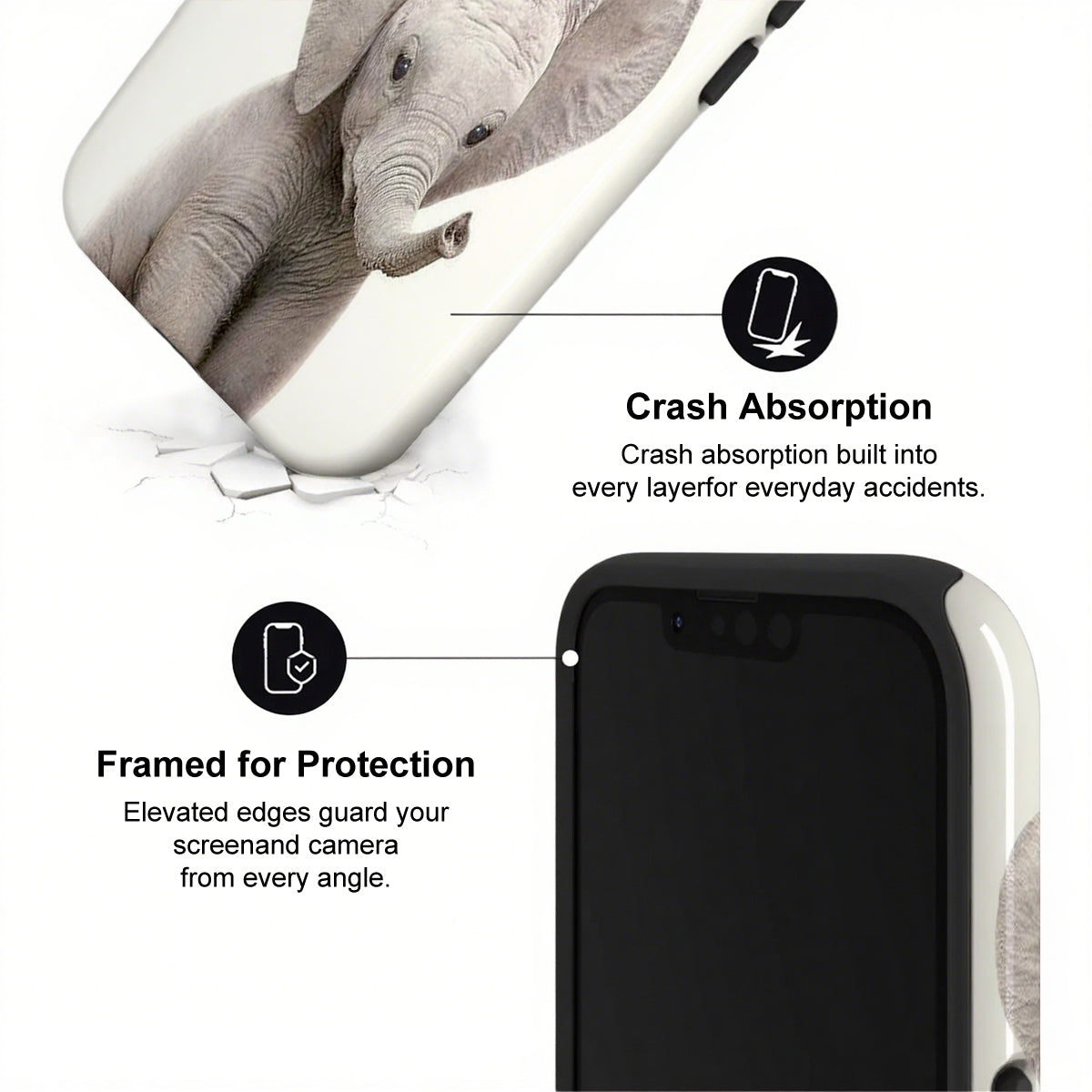 Phone case with elephant design and text highlighting crash absorption and protection features.