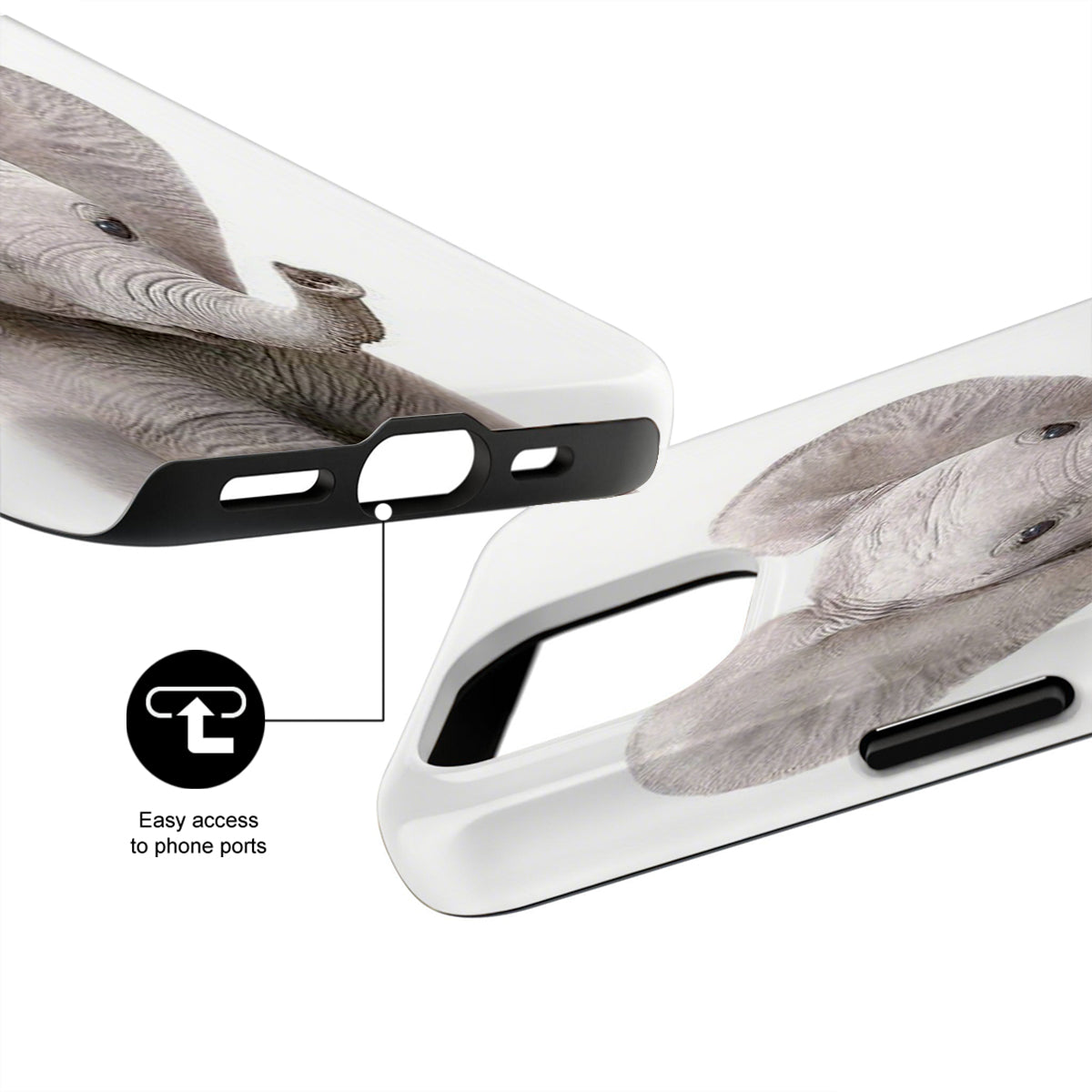 Phone case with elephant design and text indicating easy access to phone ports on a white background