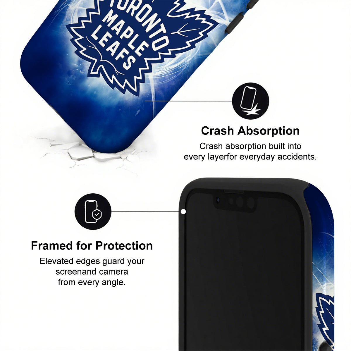Phone case with Toronto Maple Leafs branding and features highlighted on a white background
