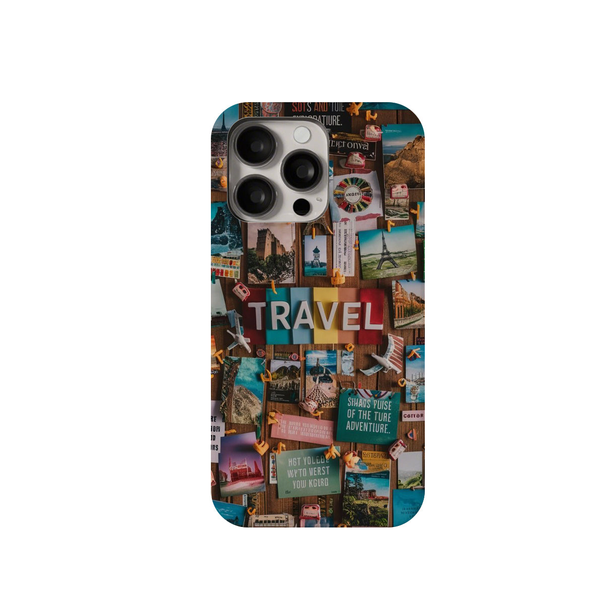 Phone case with travel-themed collage design on a white background