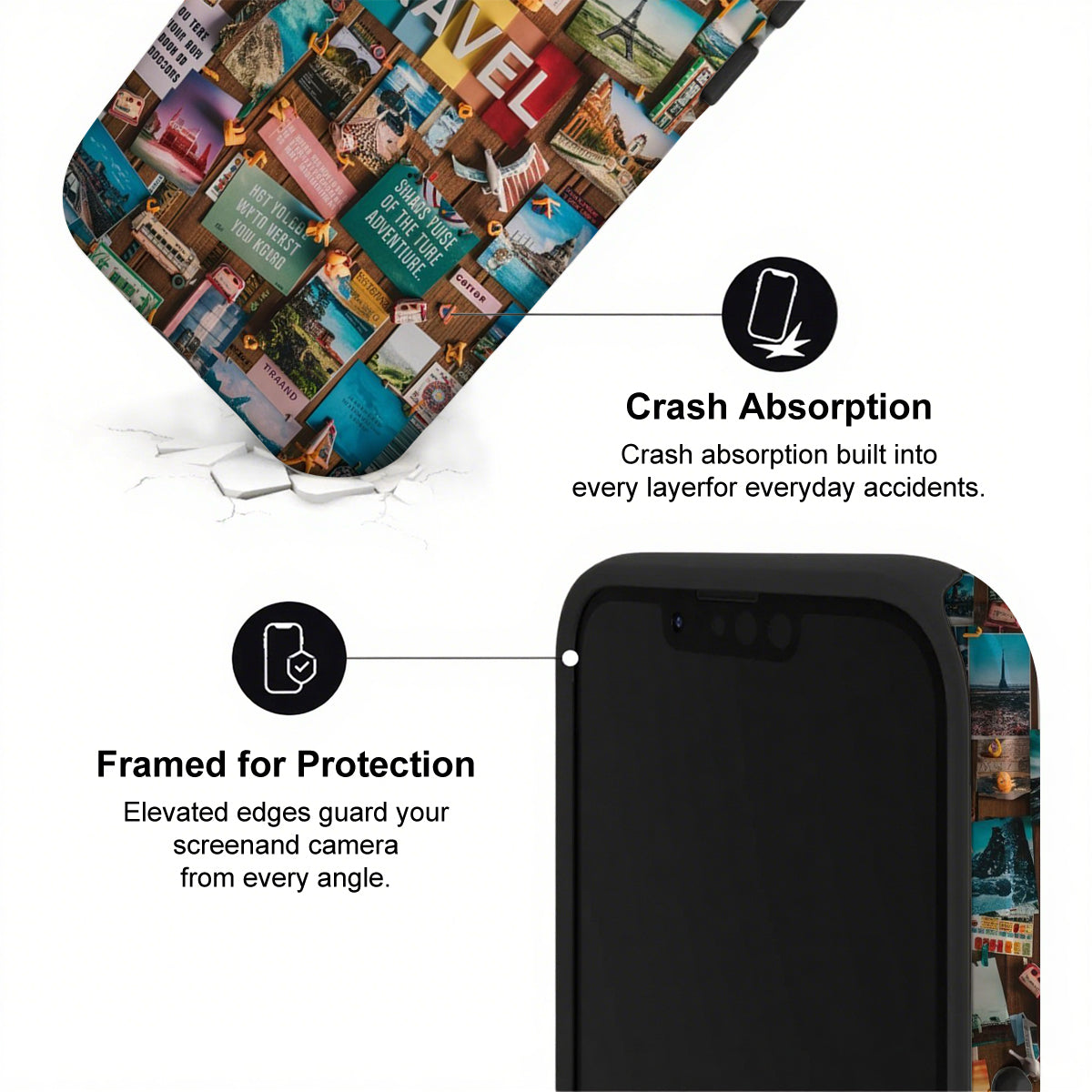 Phone case with travel-themed design and text highlighting crash absorption and protection.