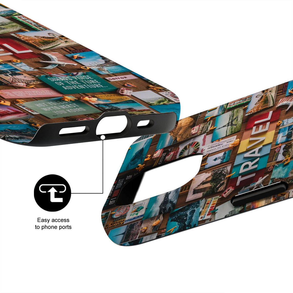 Phone case with travel-themed collage design and text 'TRAVEL' on a white background