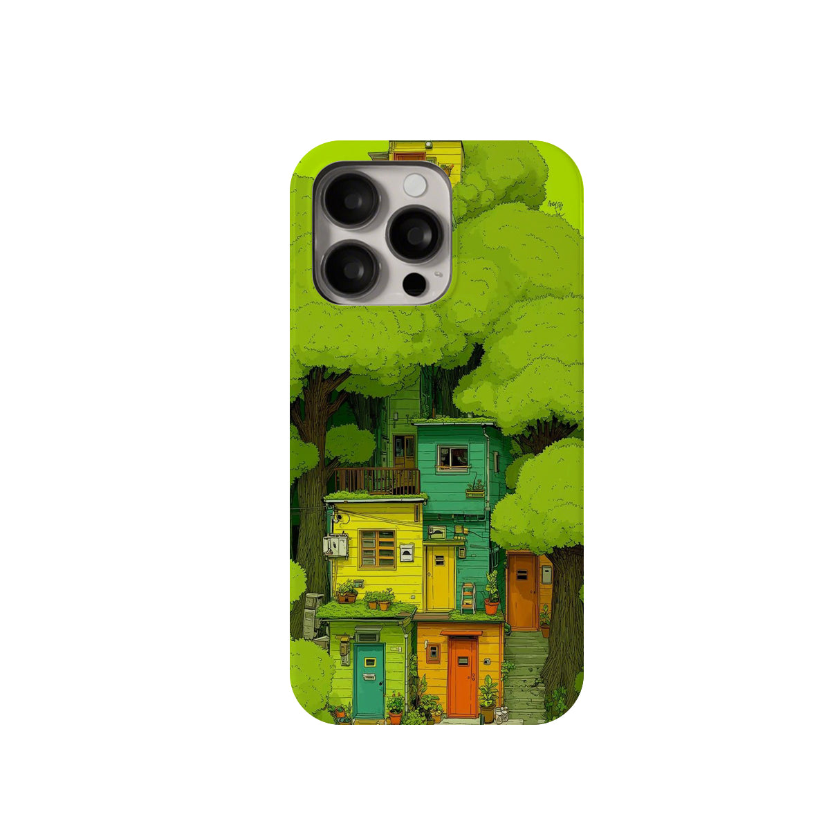 Phone case with colorful houses and trees design on a green background