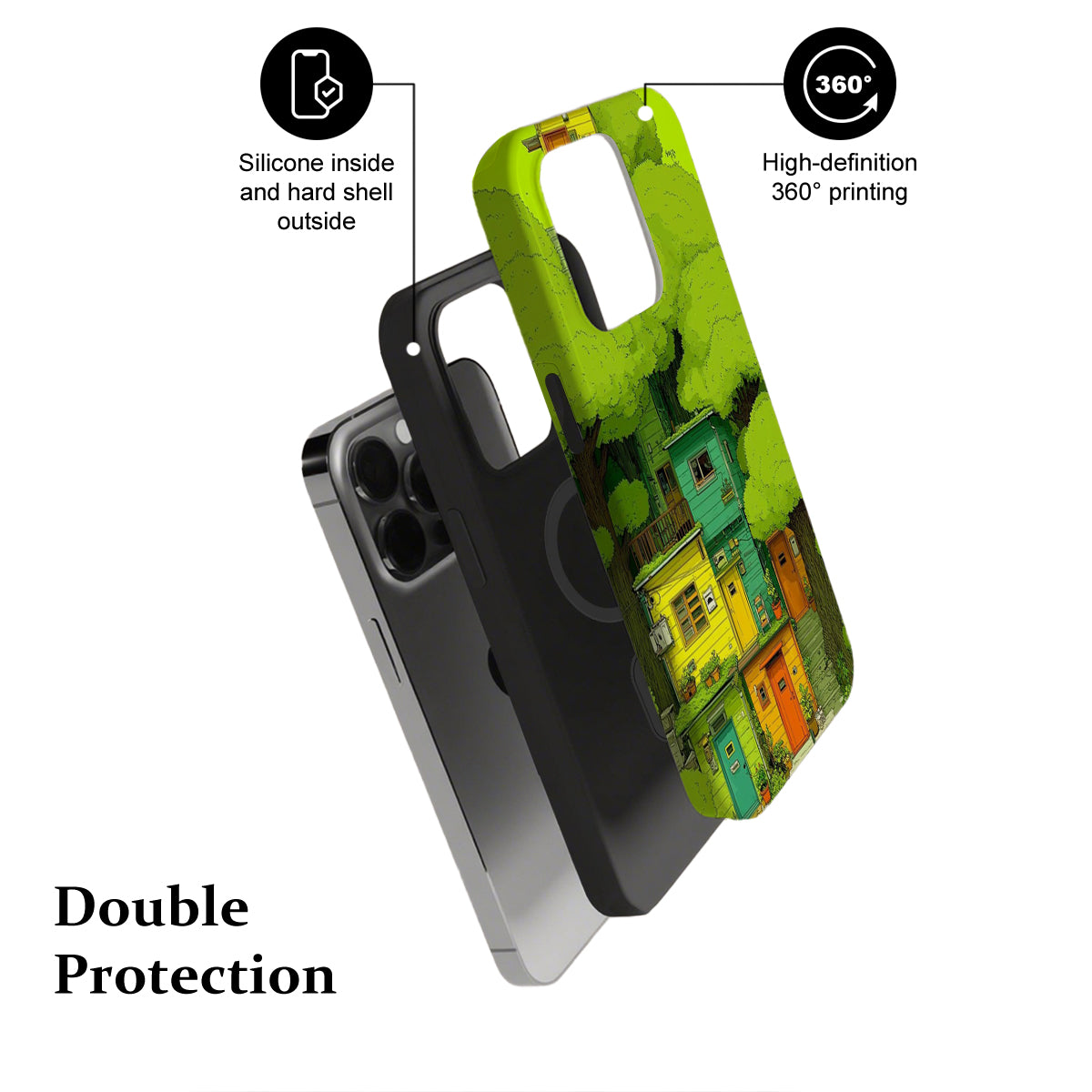 Phone case with green and yellow design, featuring text on features and double protection.