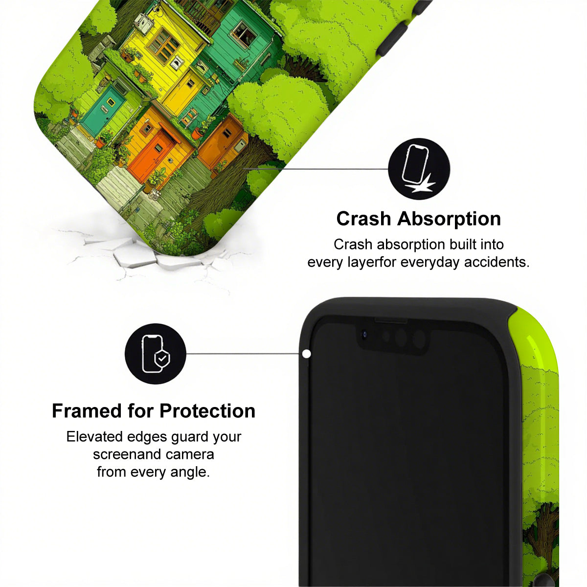 Phone case with crash absorption and protection features, shown on a white background.
