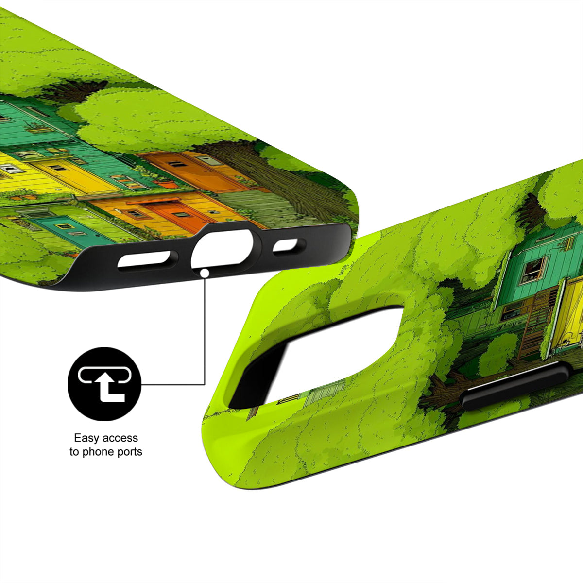 Green phone case with a detailed design and text indicating easy access to phone ports.