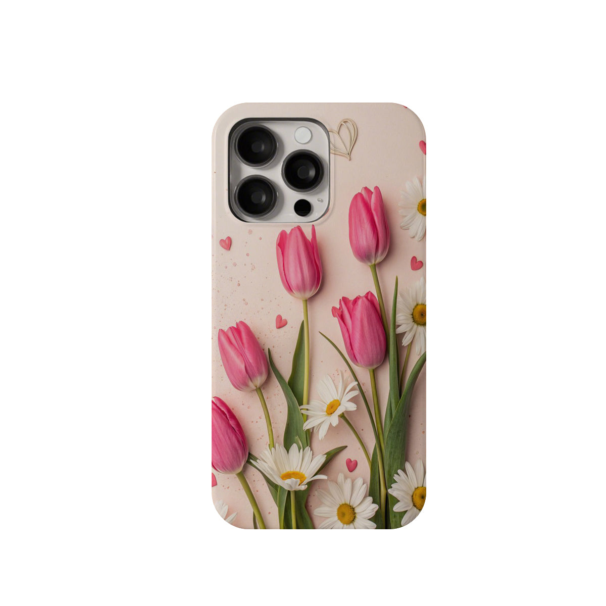 Cute pink tulip and white daisy iPhone case with pastel background and little hearts
