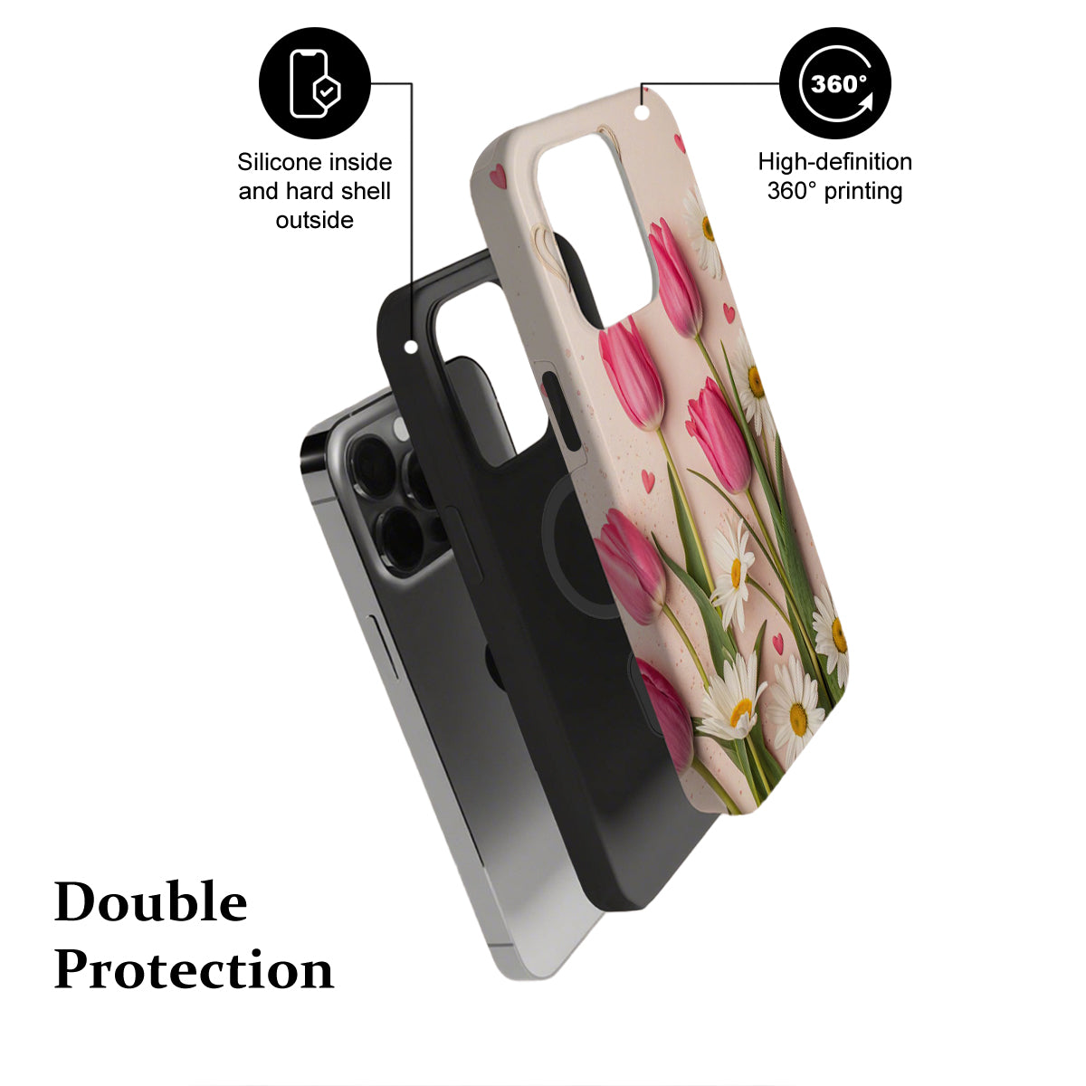 cute pink tulip phone case, white daisy iPhone cover, pastel flower phone case, girly spring phone cover, fun floral iPhone shell