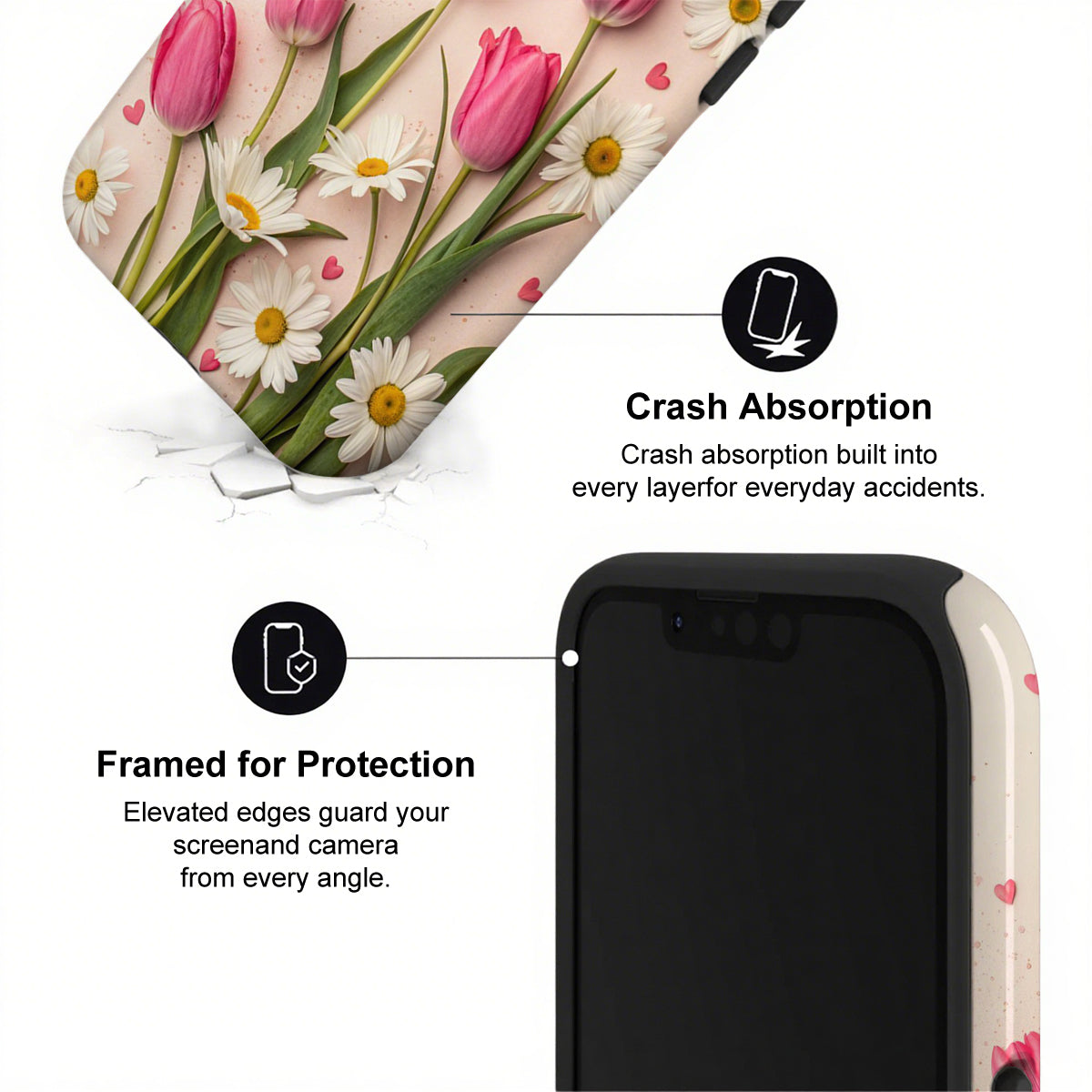 Phone case with floral design and text highlighting crash absorption and protection features.