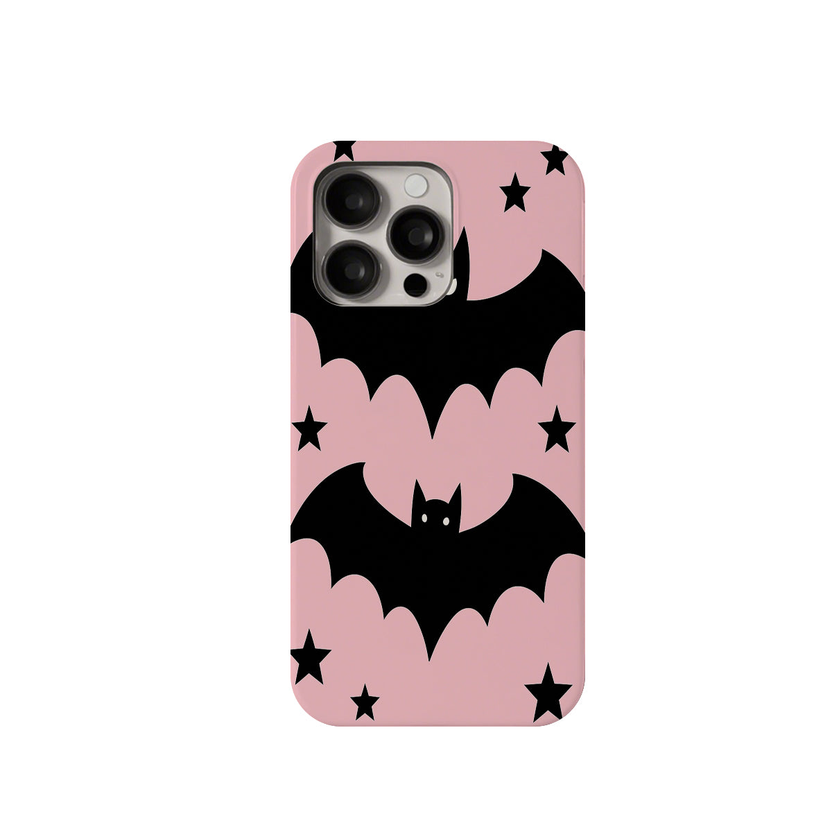 Phone case with black bats and stars on a pink background