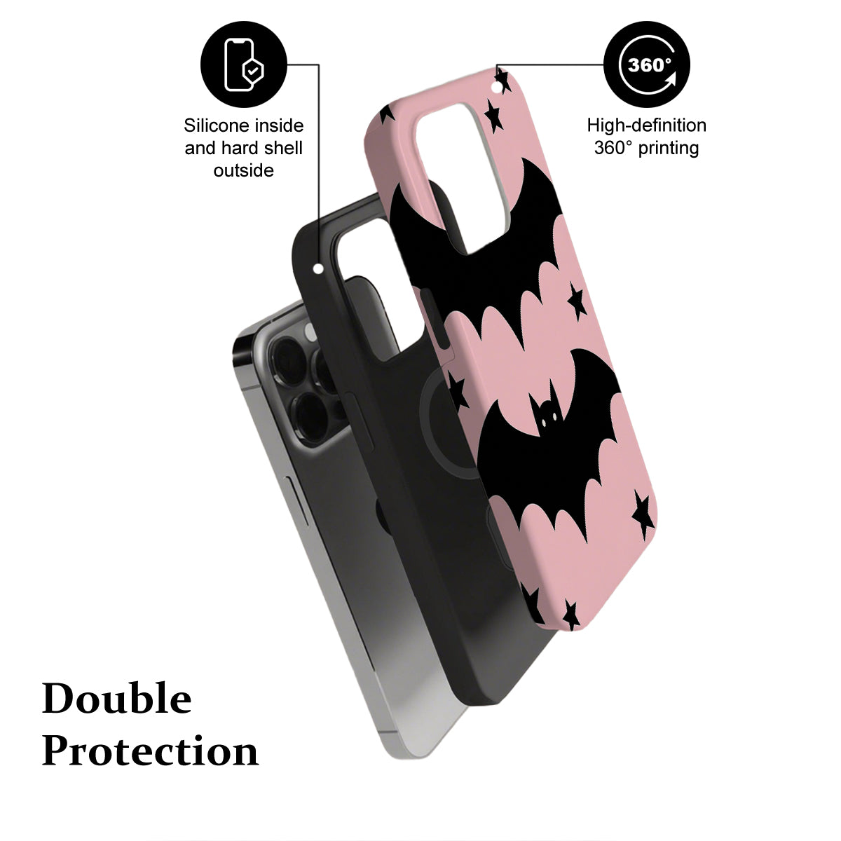 Phone case with bat design on pink background, showing features like silicone inside and hard shell outside.