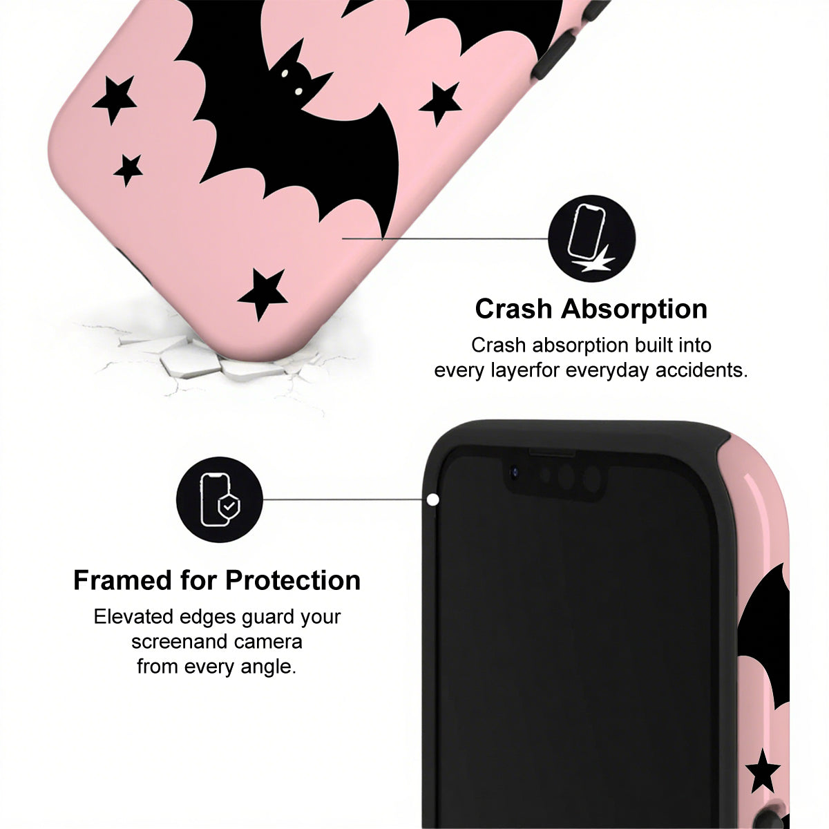 Phone case with bat design and text highlighting crash absorption and protection features.